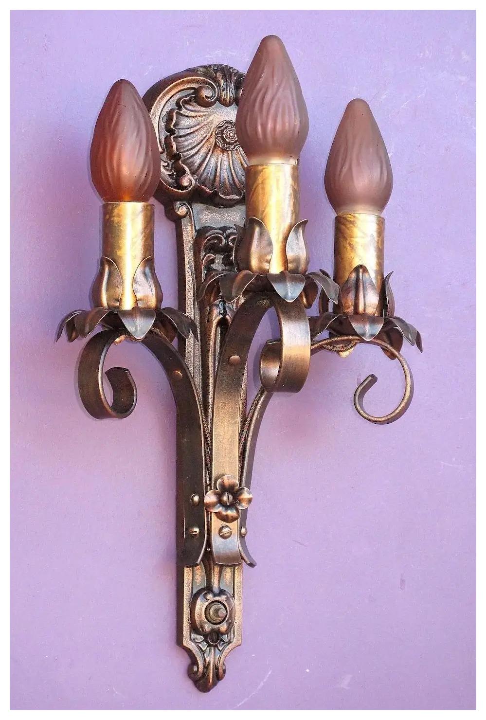 Moe Bridges Vintage 3 Bulb Cast Iron Sconce 7 pr available, Priced per pair In Good Condition For Sale In Prescott, US