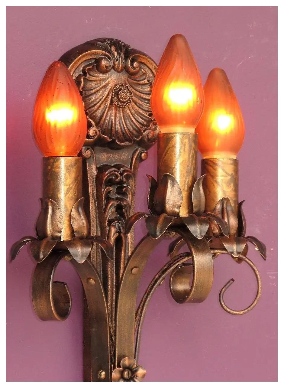 20th Century Moe Bridges Vintage 3 Bulb Cast Iron Sconce 7 pr available, Priced per pair For Sale