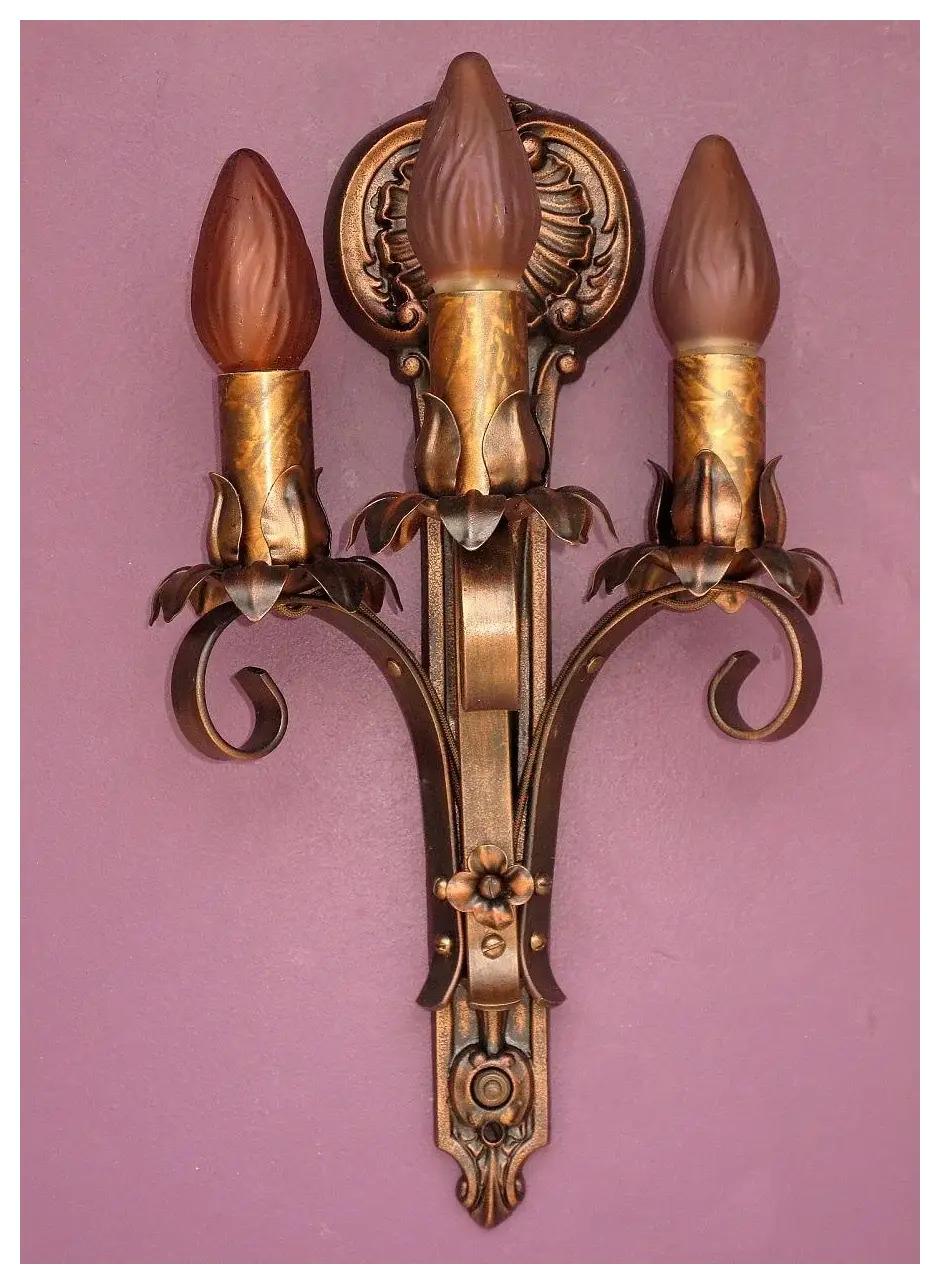 Moe Bridges Vintage 3 Bulb Cast Iron Sconce 7 pr available, Priced per pair For Sale 1