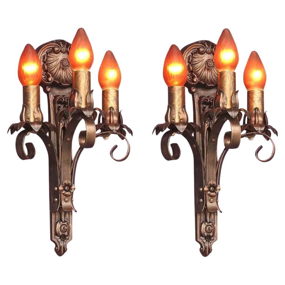 Moe Bridges Vintage 3 Bulb Cast Iron Sconce 7 pr available, Priced per pair For Sale