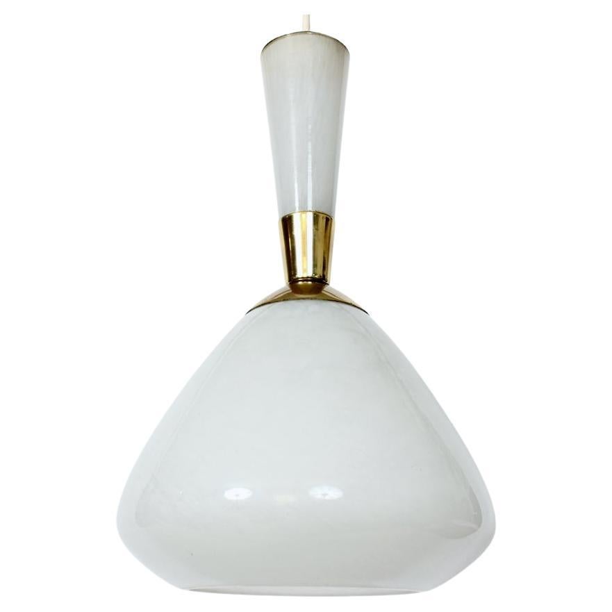 Mid-Century Modern White Mottled Glass and Brass Hanging Pendant, by Moe Light, 1960s For Sale