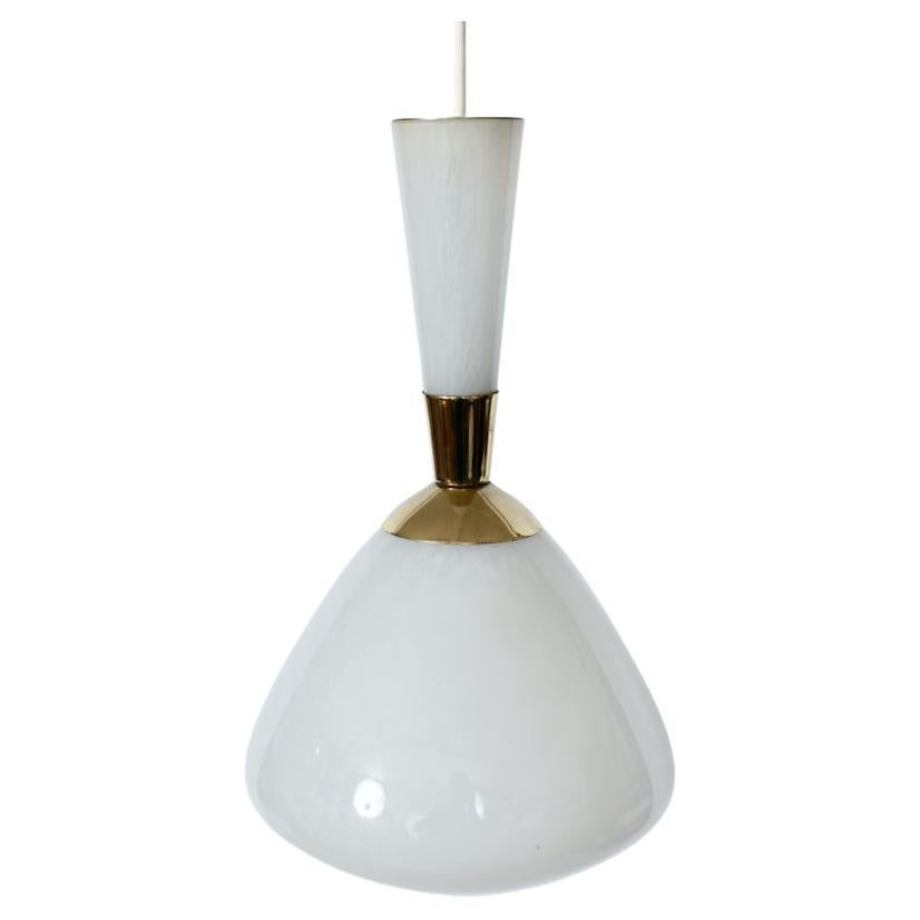 White Mottled Glass and Brass Hanging Pendant, by Moe Light, 1960s For Sale