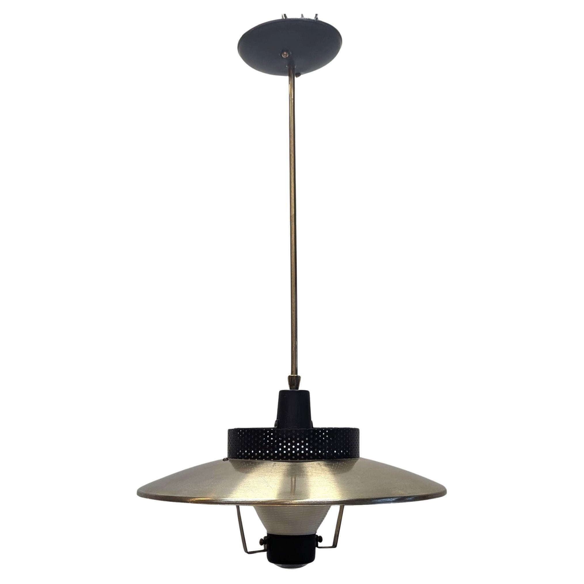 Mid Century Modern Brass & Glass Lantern Pendant Saucer by Moe Lighting.  Moe Lighting 1950's Lantern Pendant Light.  Brushed brass shade with mess metal ring top floating above a suspended milk glass diffuser housing a clear glass center eye.  