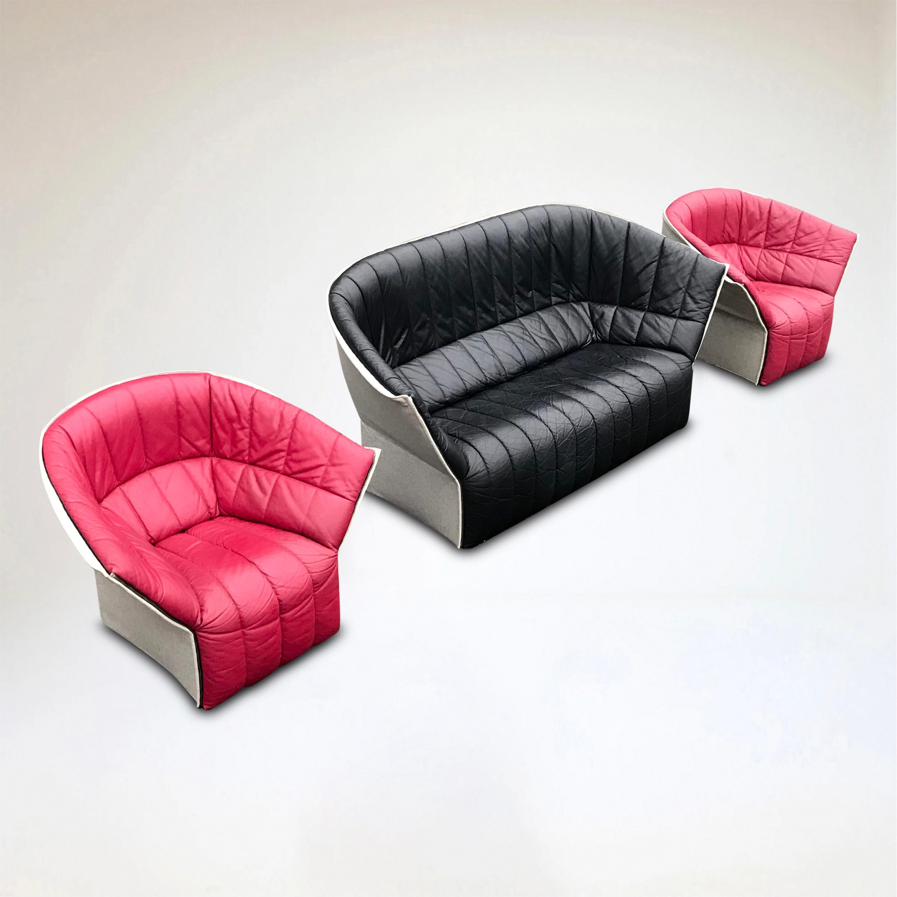 Modern Moel leather living room set by Inga Sempé for Ligne Roset 2000s, set of 3 For Sale