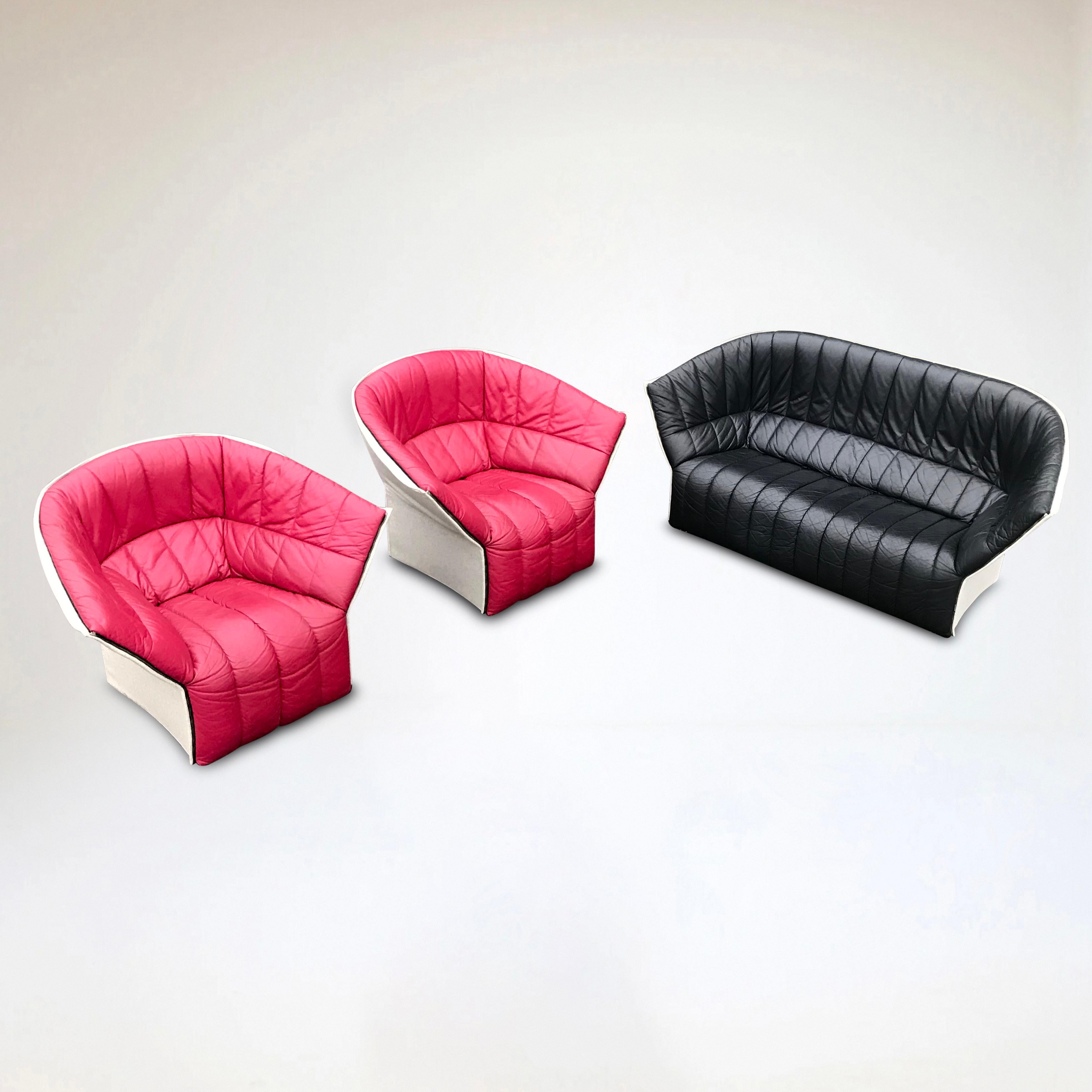 French Moel leather living room set by Inga Sempé for Ligne Roset 2000s, set of 3 For Sale
