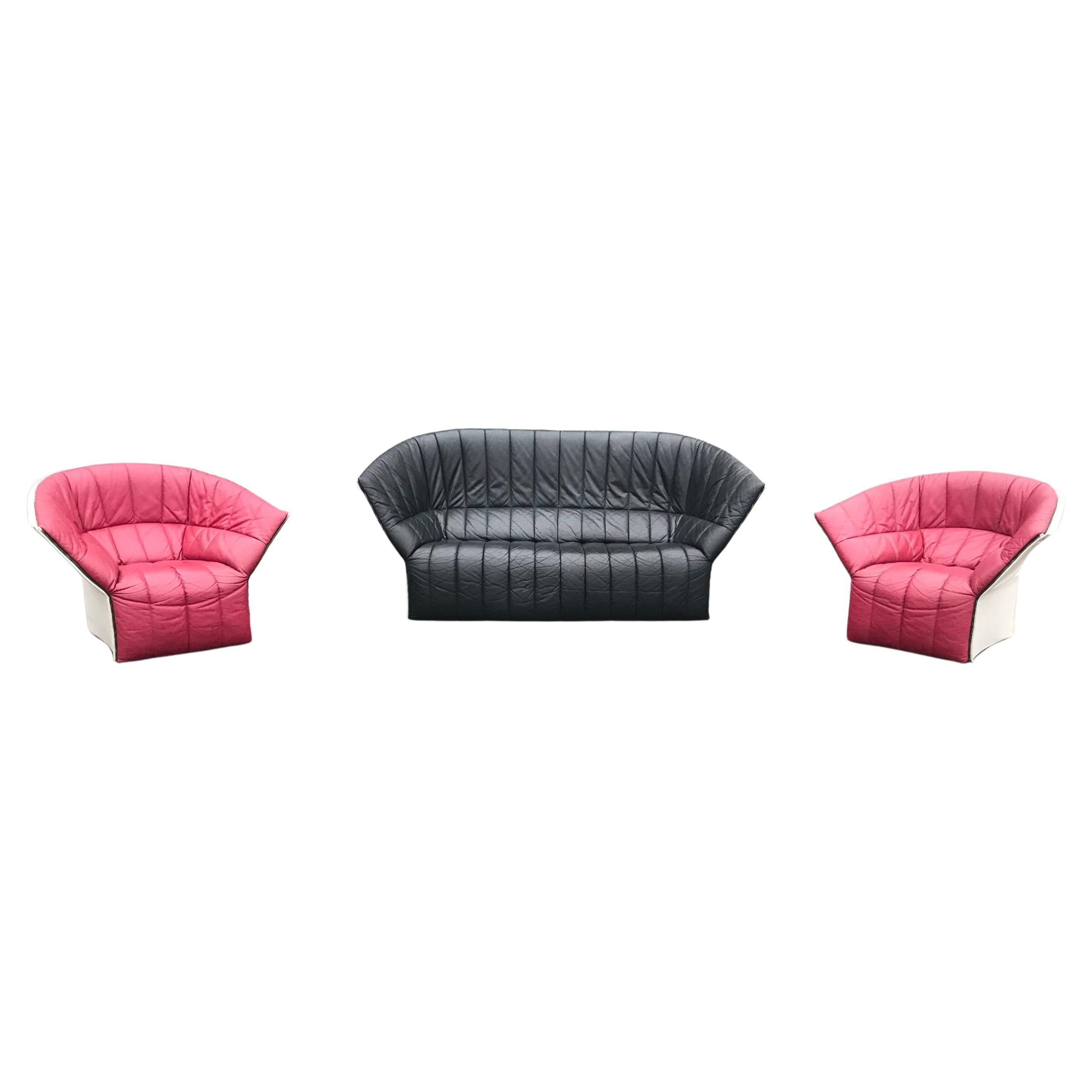 Moel leather living room set by Inga Sempé for Ligne Roset 2000s, set of 3 For Sale