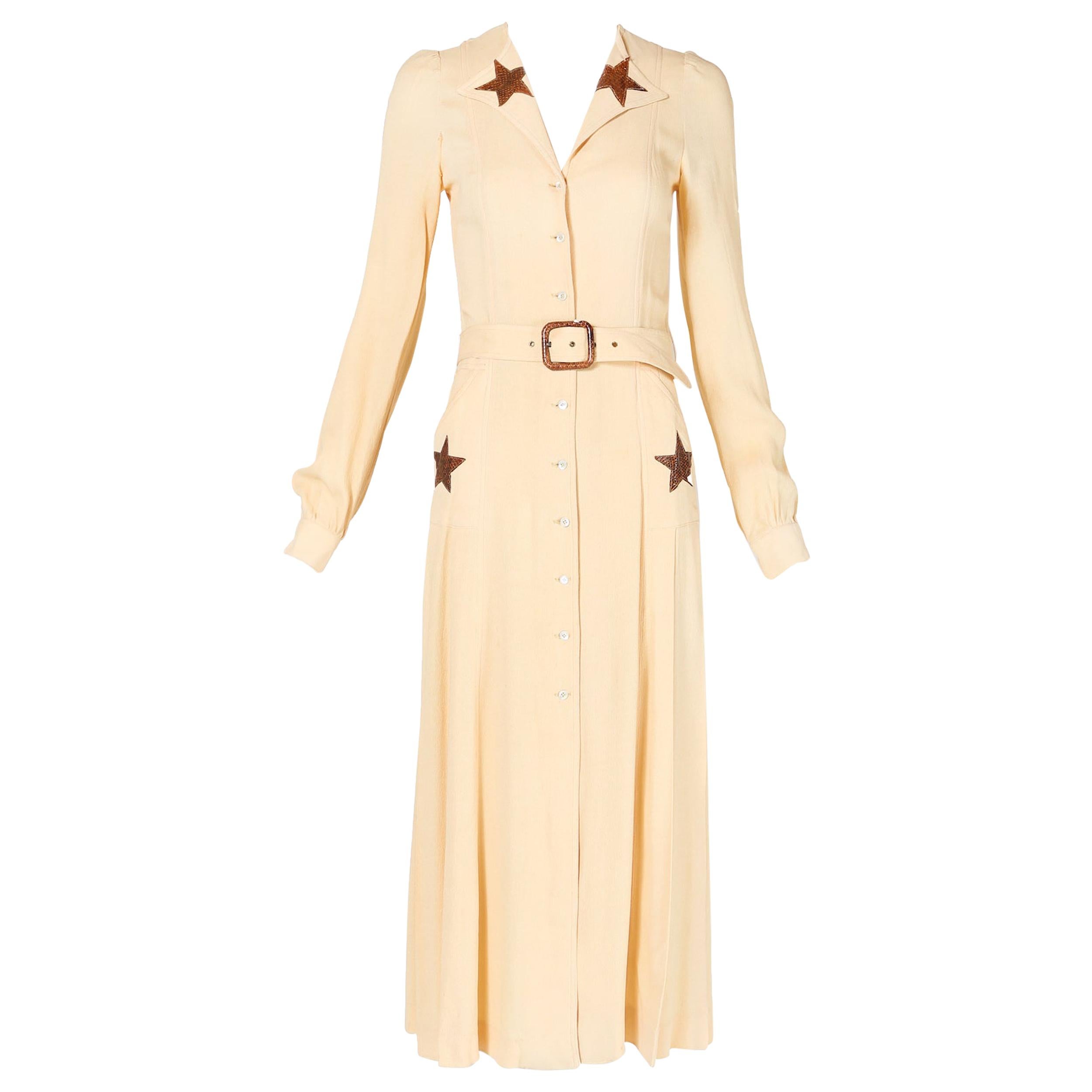 MOG Label Pale Yellow Fitted Dress w/Snakeskin Star Motif ca. 1970