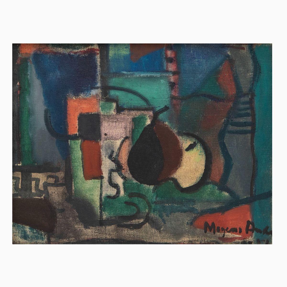 Une nature morte atmosphérique. Peint en 1951 pendant le séjour de Mogens Andersen en France. 

Les fruits centraux - une poire et une pomme - apparaissent à la fois comme des motifs classiques de nature morte et peuvent également être interprétés