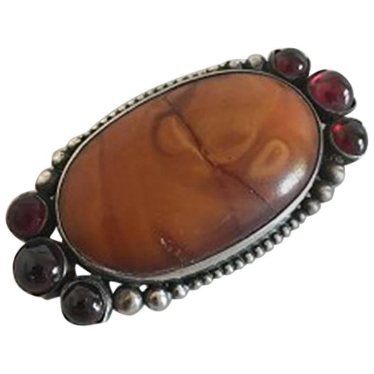 Mogens Ballin Silver Brooch with Amber and Red Stones For Sale