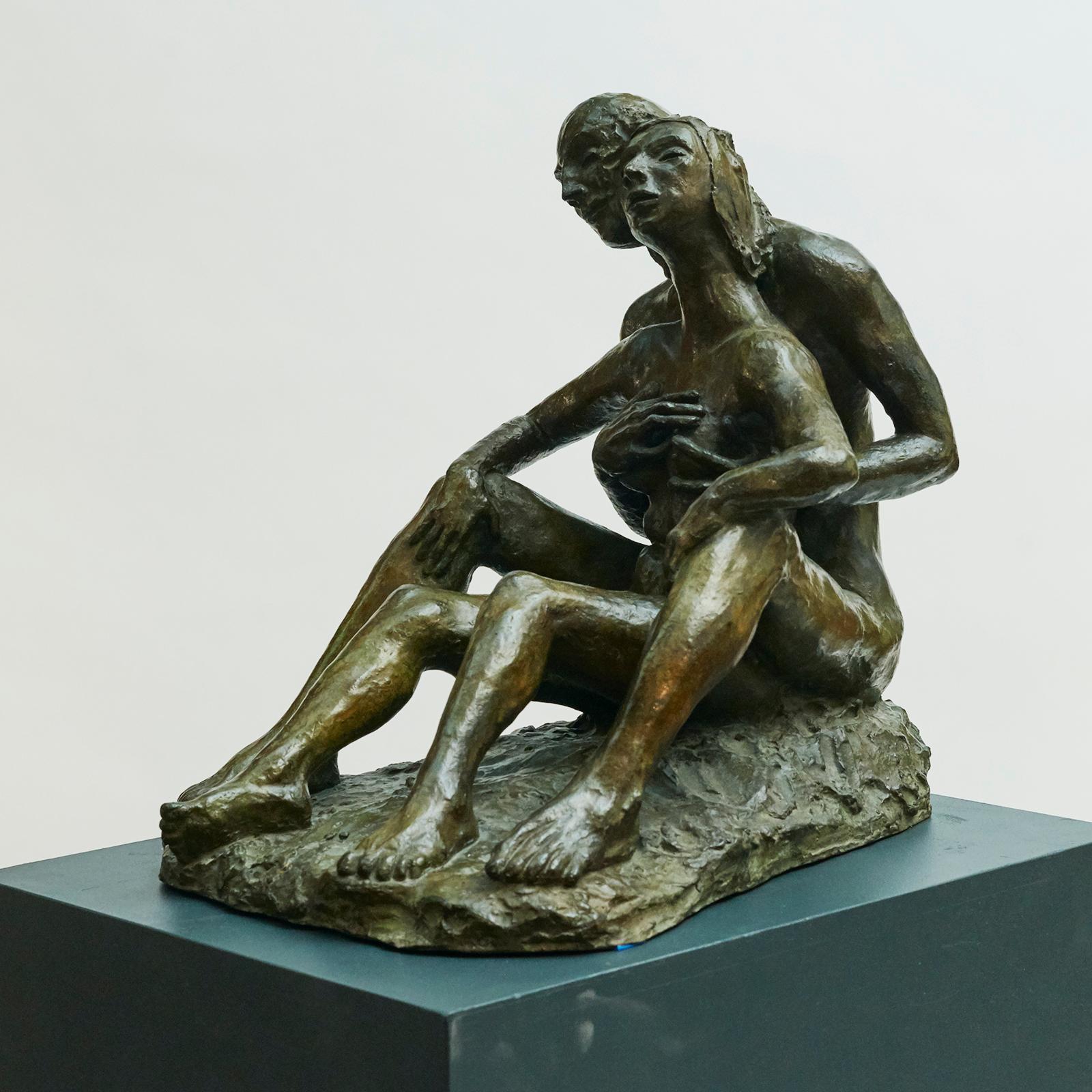 Erotic couple, bronze sculpture. Artist: Mogens Bøggild, 1901-1987. Seated naked man and woman, burnished bronze. Signed: M.B. circa 1950-1960.
  