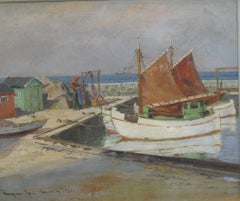 'Mending the Nets, Sandvig' Sunny Harbour Scene, oil on canvas circa 1931