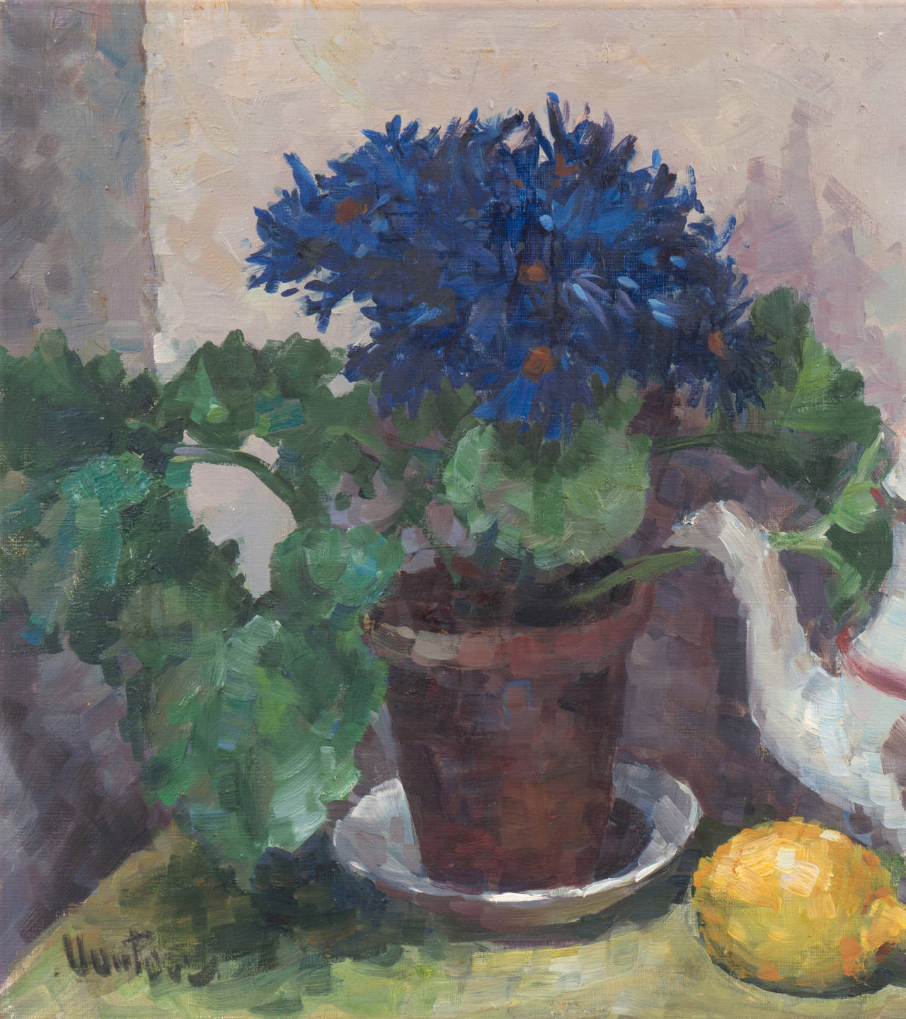 'Still Life of Blue Asters', Paris Salon, Danish Post Impressionist, Benezit - Gray Still-Life Painting by Mogens Erik Christien Vantore