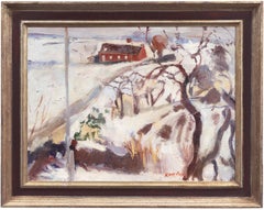 « Paysage d'hiver, ferme rouge », huile post-impressionniste, Salon de Paris, Bénézit