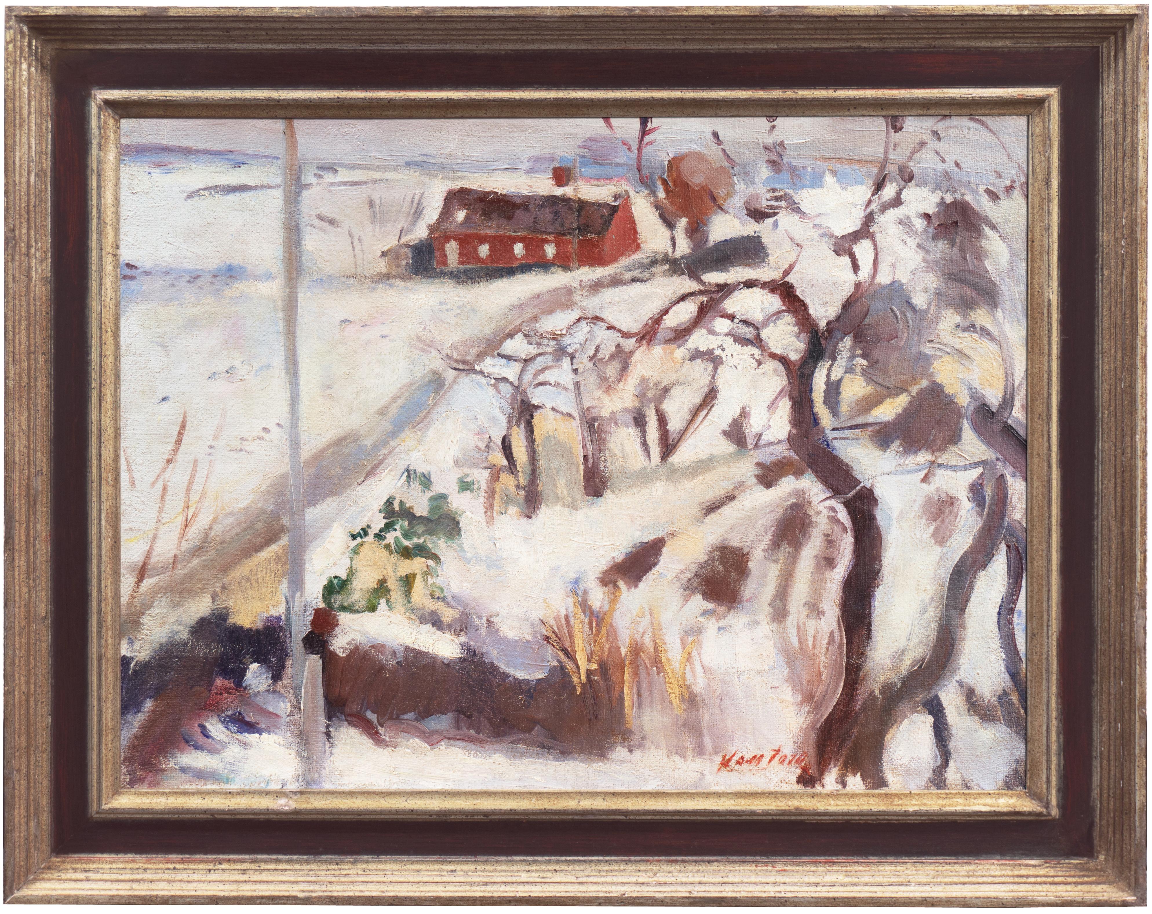 'Paesaggio invernale, casa colonica rossa', olio post-impressionista, Salone di Parigi, Benezit - Painting di Mogens Erik Christien Vantore