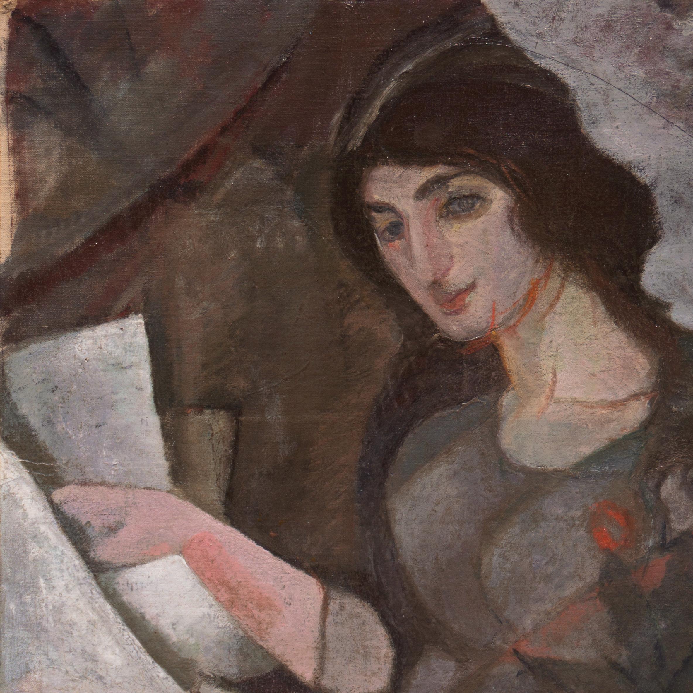 Signed center left, 'M. Vantore' for Erik Mogens Christian Vantore (Danish, 1895-1977) and painted circa 1915.

A dramatic, early twentieth-century, Cubist-derived figural oil of a young woman seated next to a violin and shown arranging music