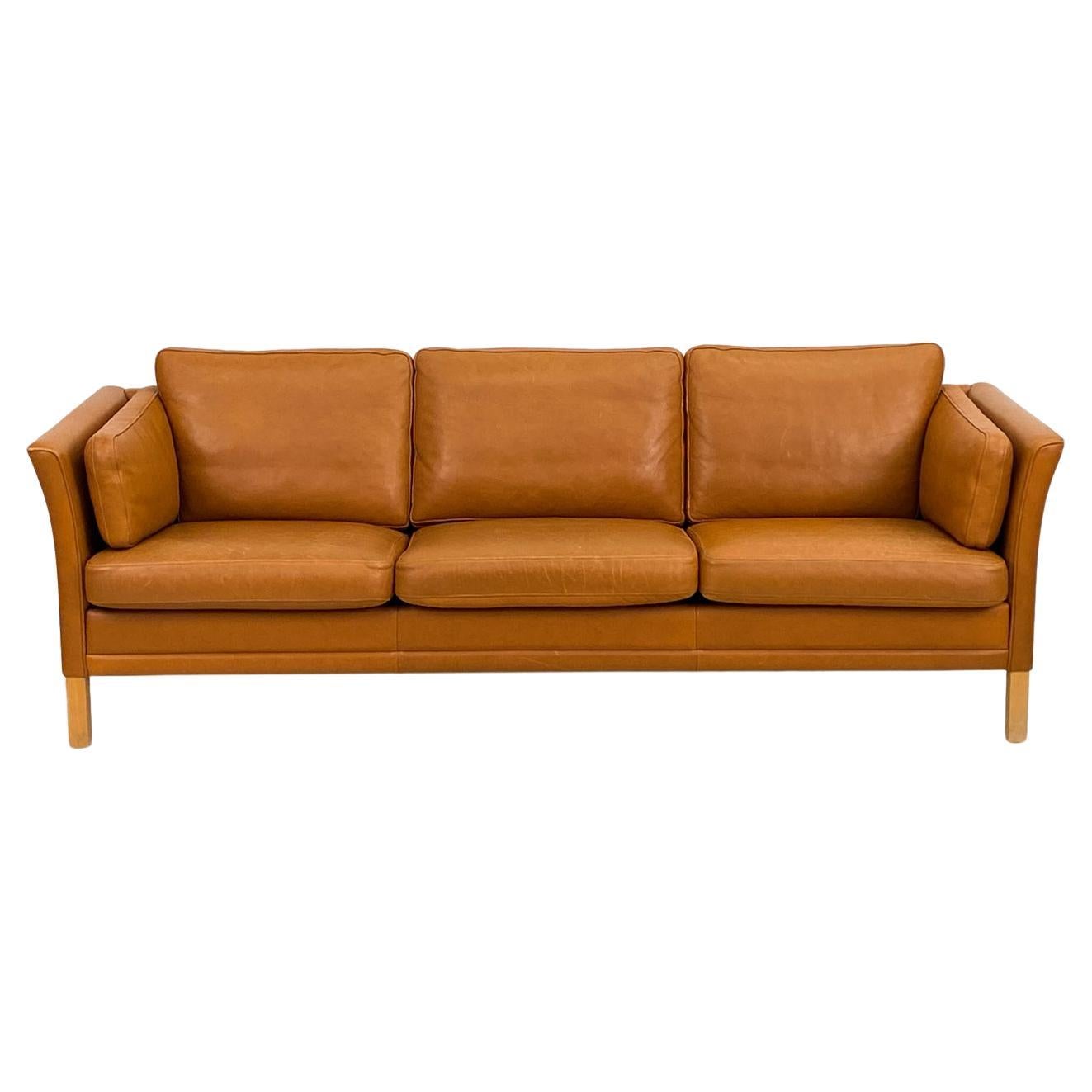 Mogens Hansen Danish Modern Caramel Leather Three-Seater Sofa For Sale