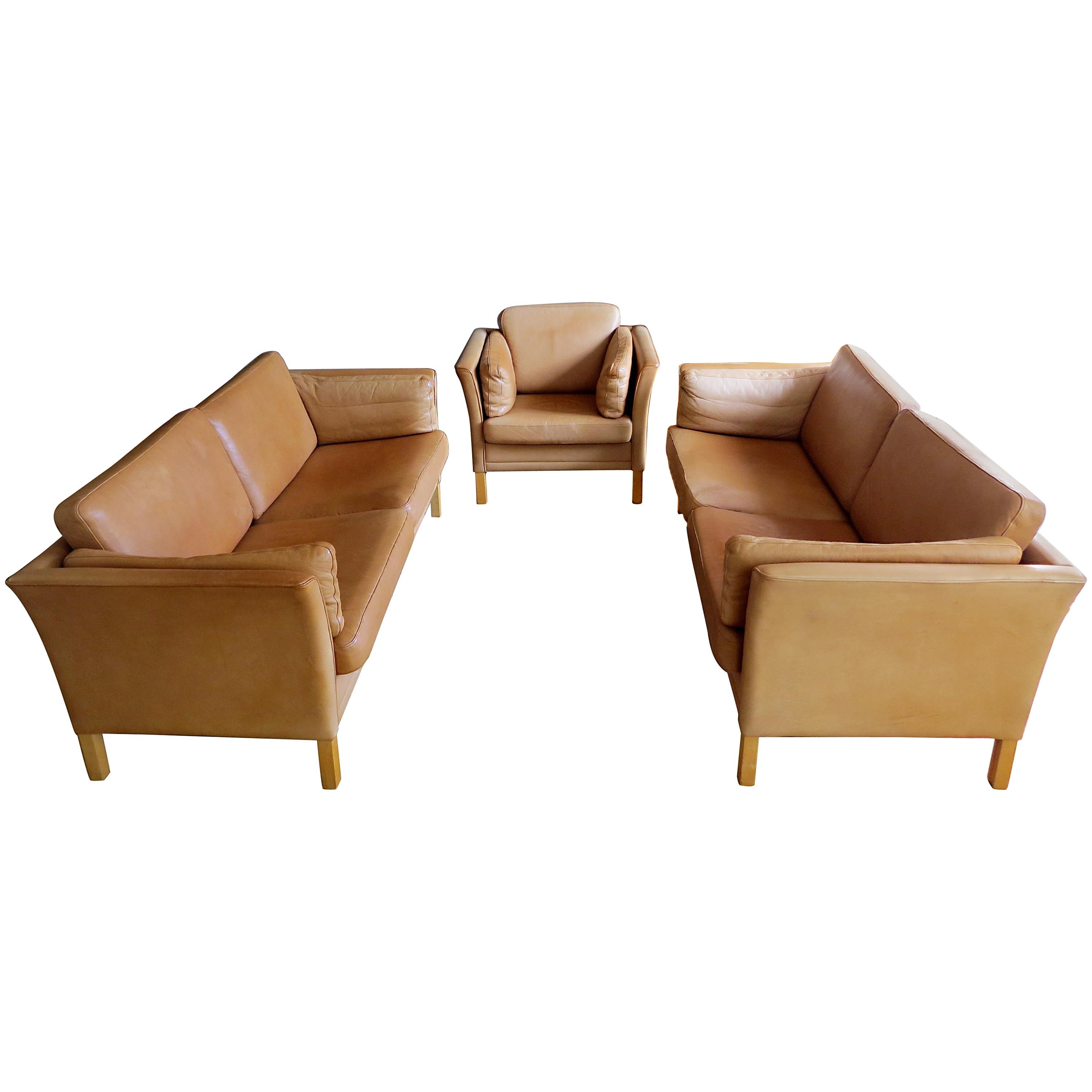 Mogens Hansen Danish Vintage Leather Sofas & Armchair Set in Butterscotch Brown