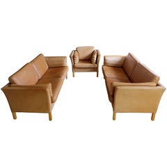 Mogens Hansen Danish Used Leather Sofas & Armchair Set in Butterscotch Brown