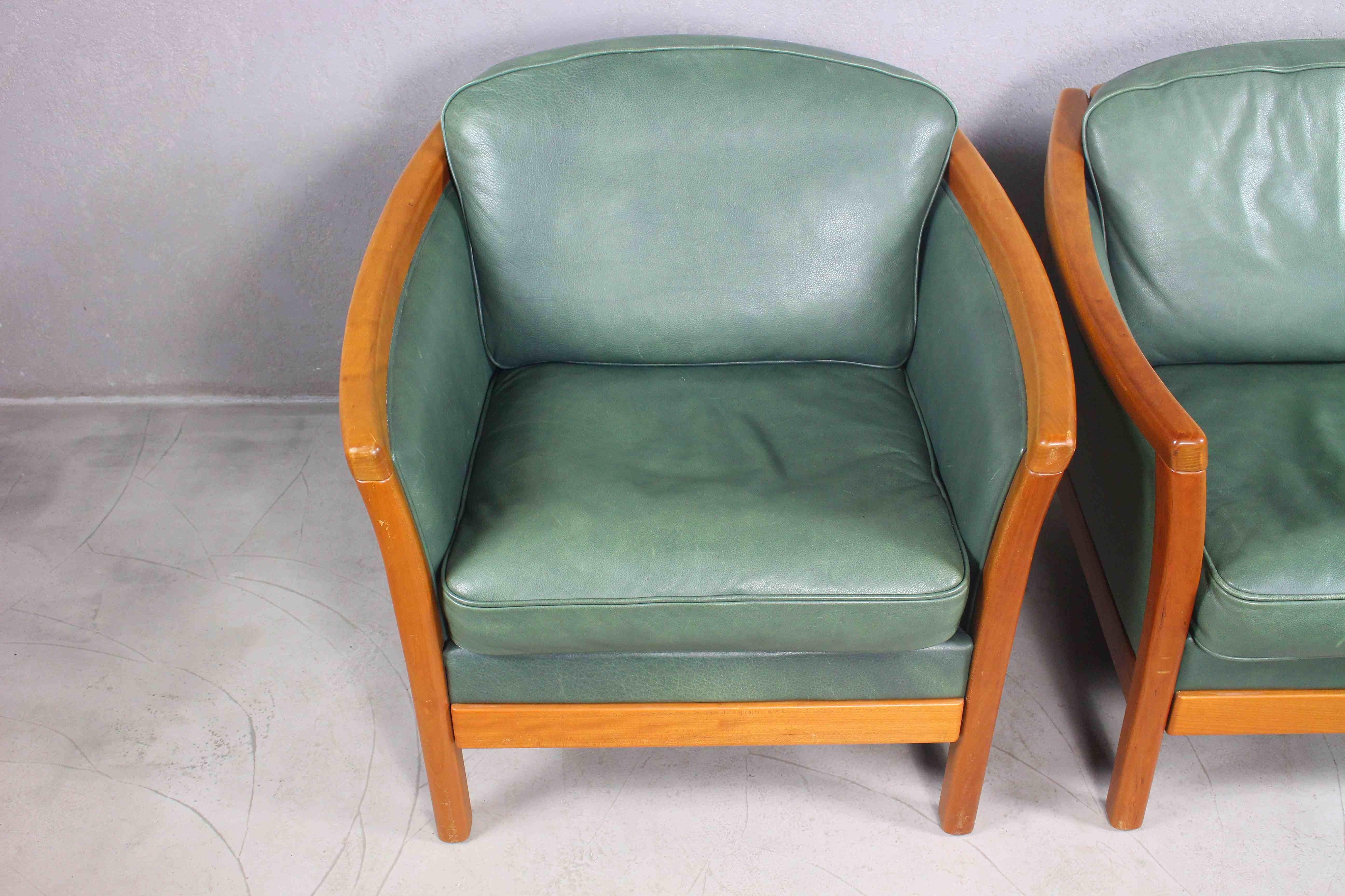 Scandinavian Modern Mogens Hansen Green Leather Lounge Chairs, Denmark, Set of 2 For Sale