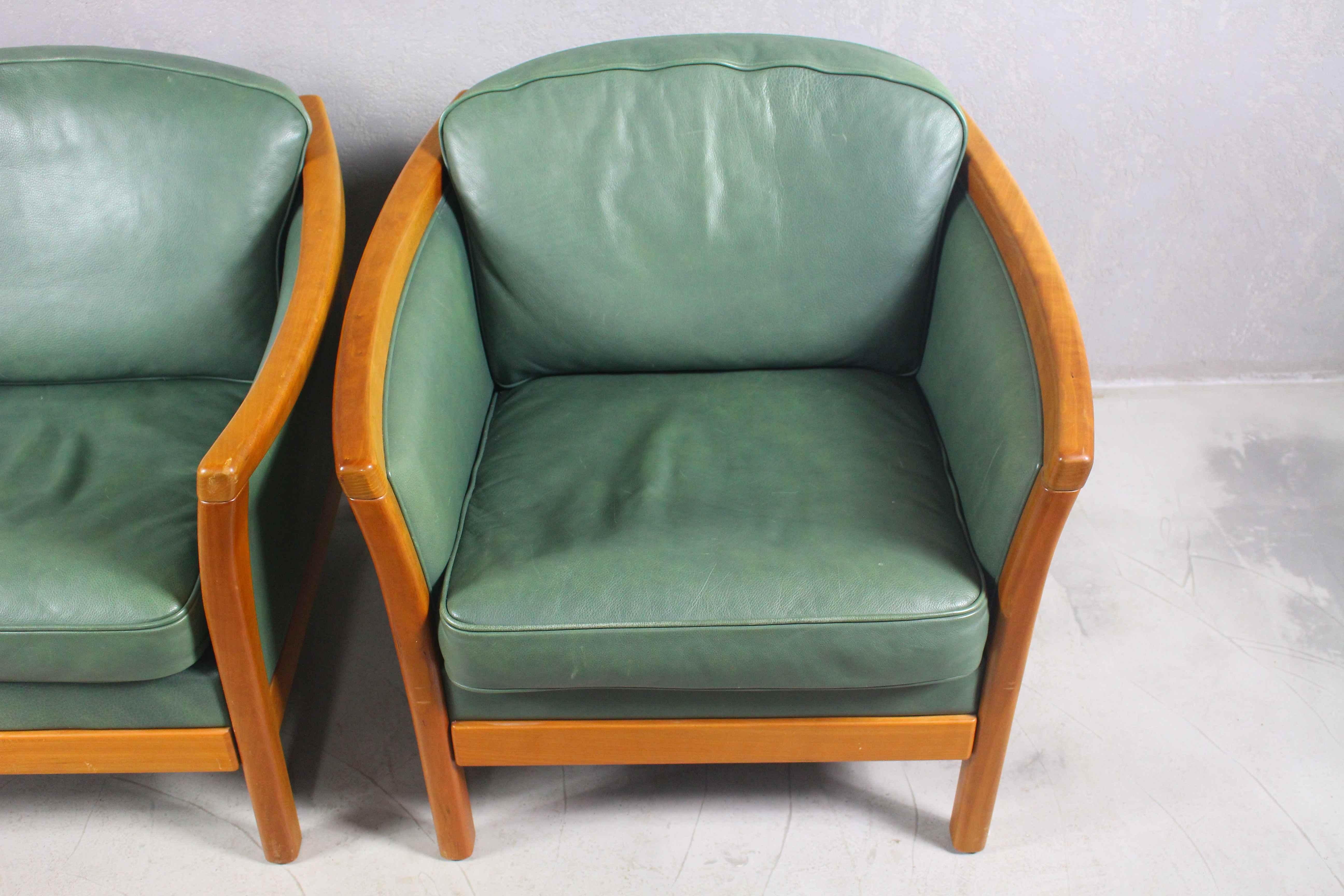 Danish Mogens Hansen Green Leather Lounge Chairs, Denmark, Set of 2 For Sale