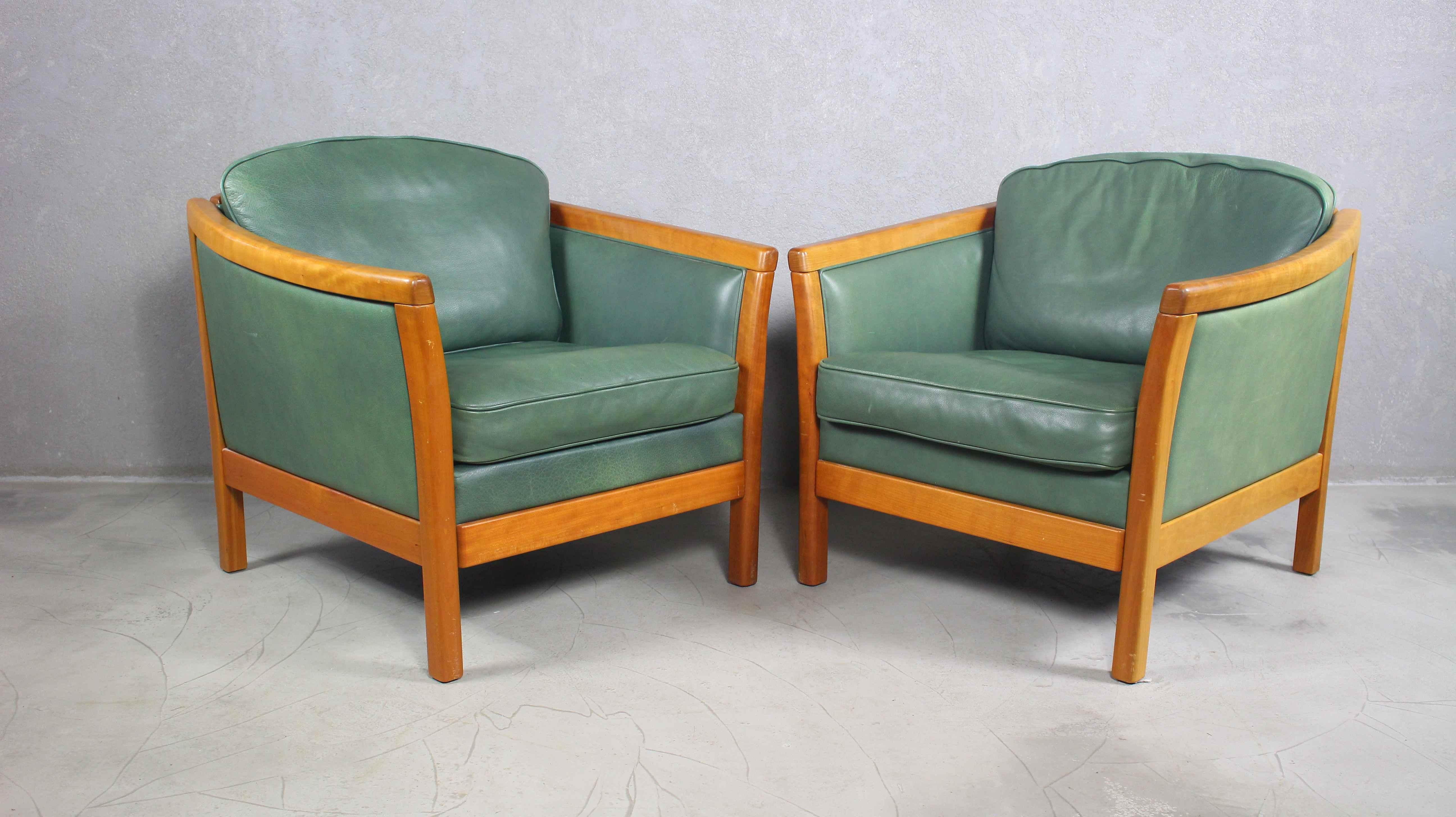 20th Century Mogens Hansen Green Leather Lounge Chairs, Denmark, Set of 2 For Sale