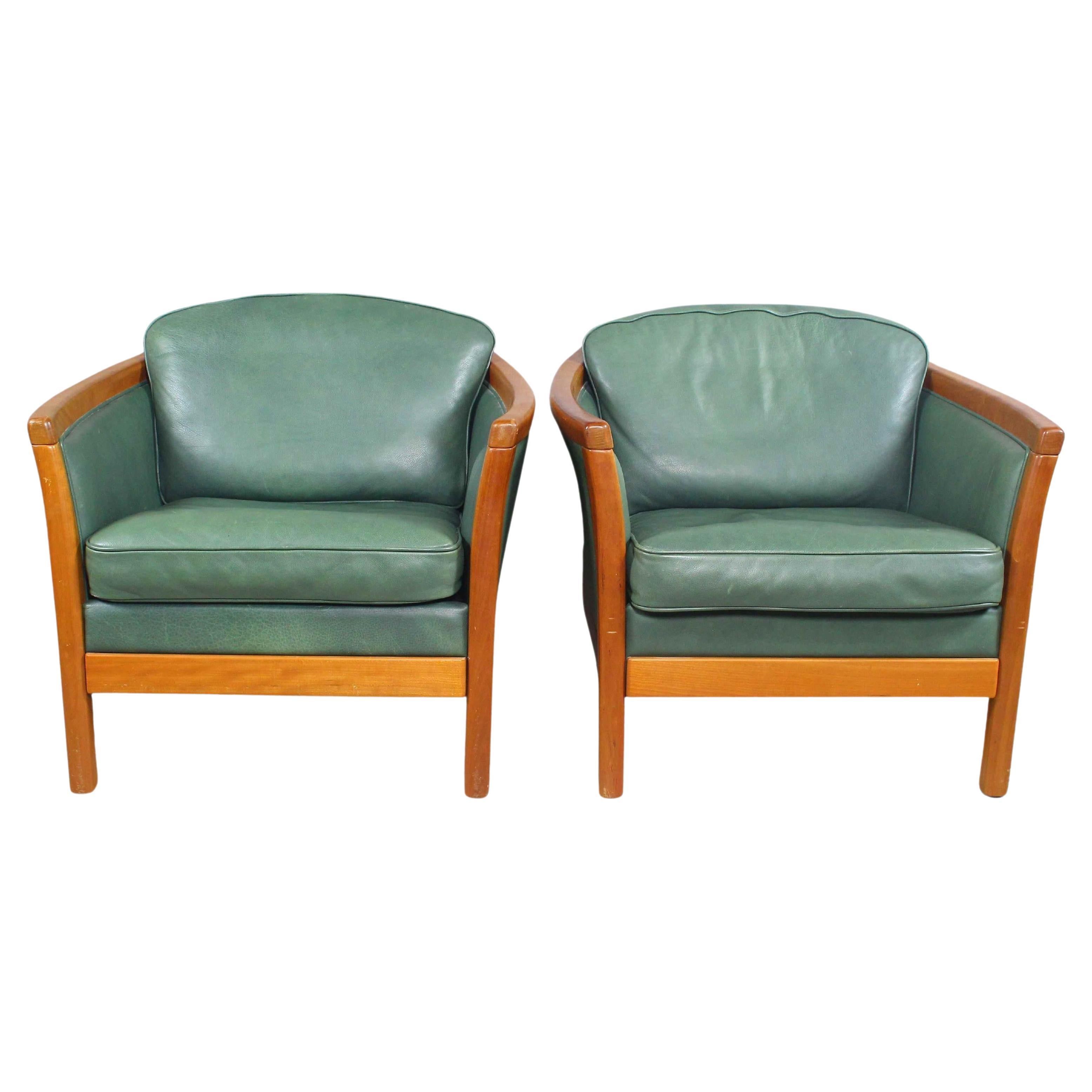 Mogens Hansen Green Leather Lounge Chairs, Denmark, Set of 2