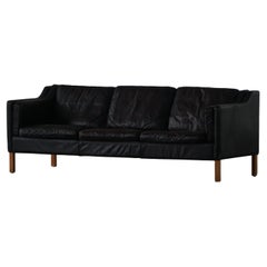 Mogens Hansen, Mid-Century 3-Seater Sofa, Patinated Black Leather, 1970s