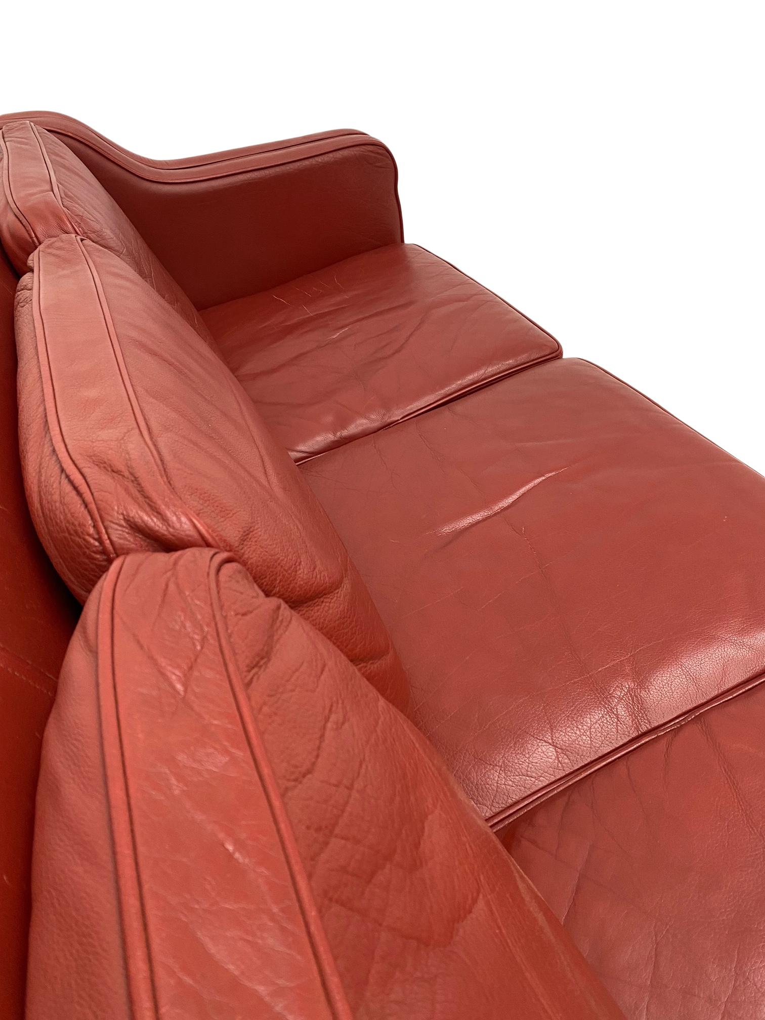 Mogens Hansen Red Leather 3 Seater Sofa, Danish, 1960s 7