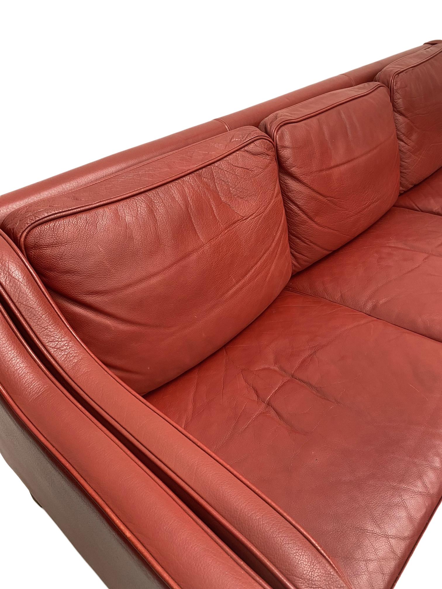 Mogens Hansen Red Leather 3 Seater Sofa, Danish, 1960s 8
