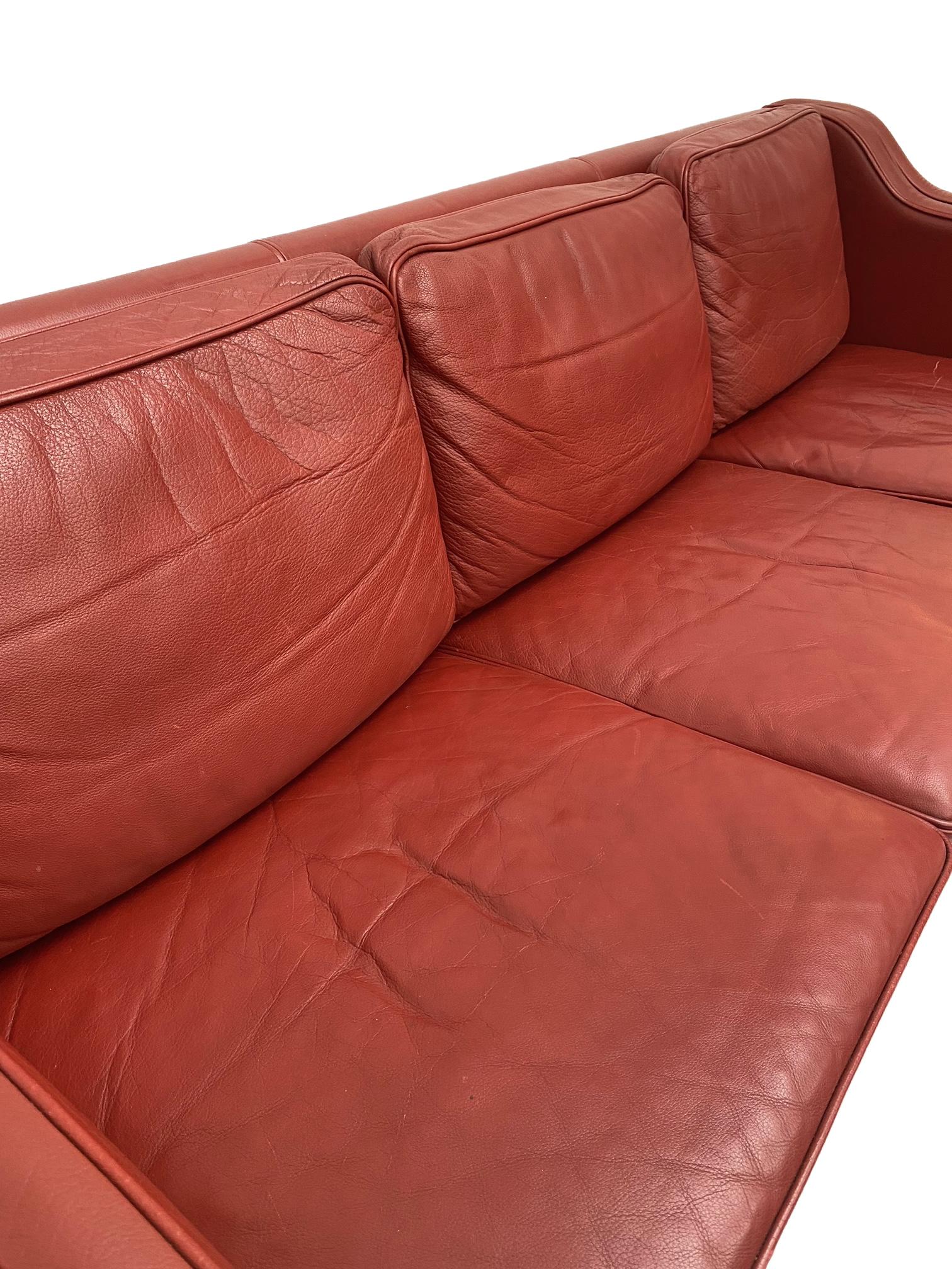 Mogens Hansen Red Leather 3 Seater Sofa, Danish, 1960s 9