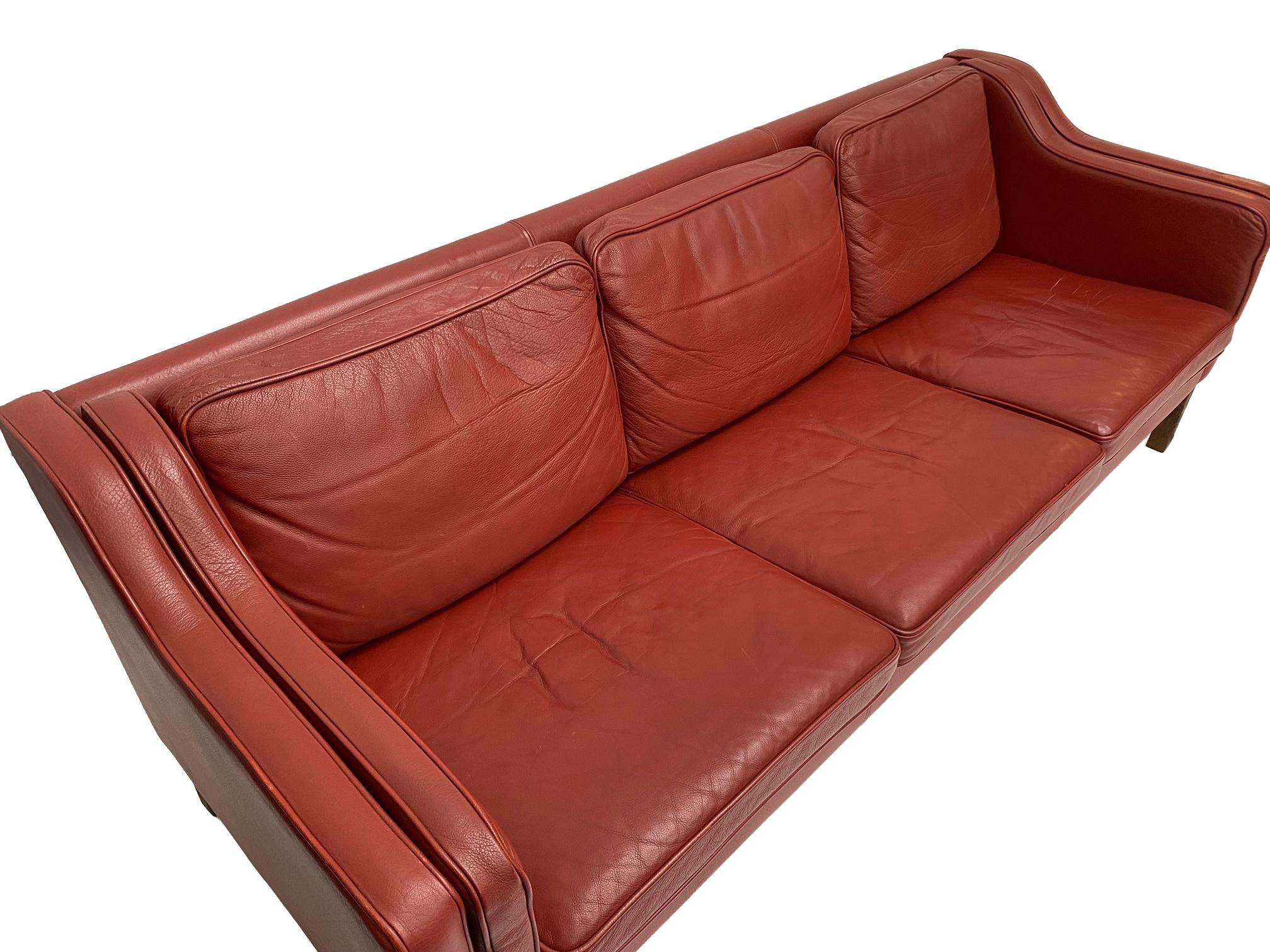 Mogens Hansen Red Leather 3 Seater Sofa, Danish, 1960s 10