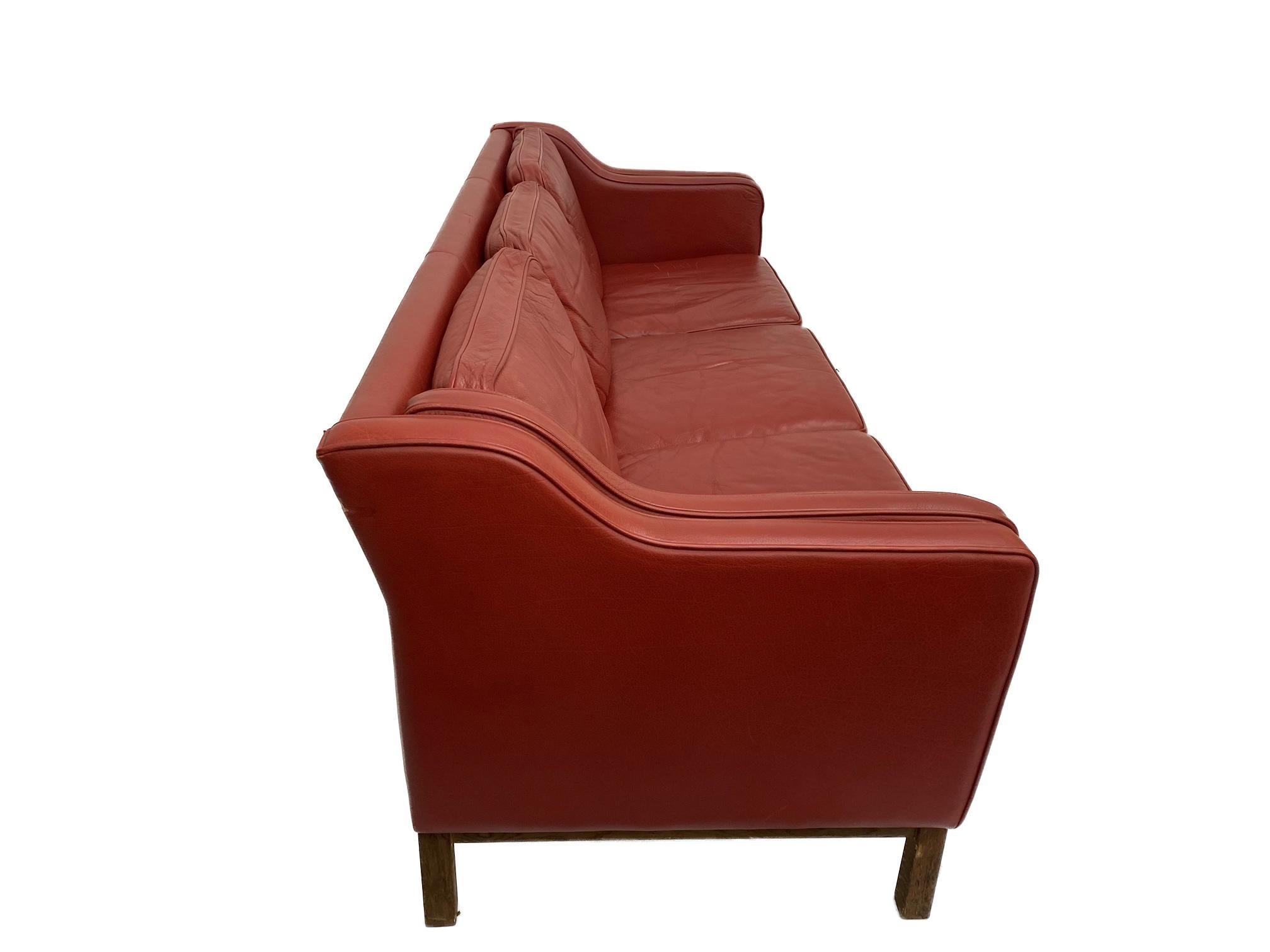 Mogens Hansen Red Leather 3 Seater Sofa, Danish, 1960s 2