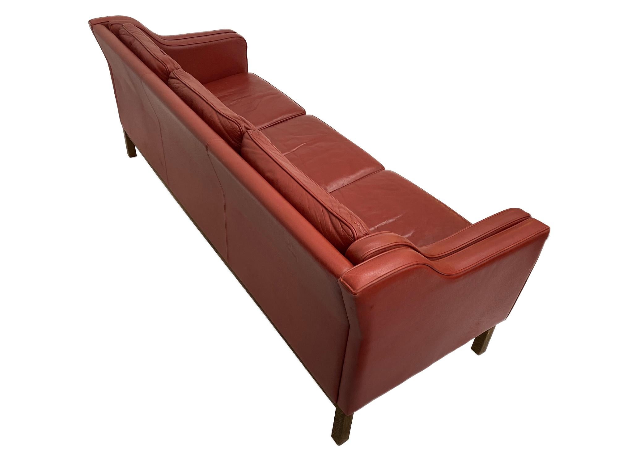 Mogens Hansen Red Leather 3 Seater Sofa, Danish, 1960s 3