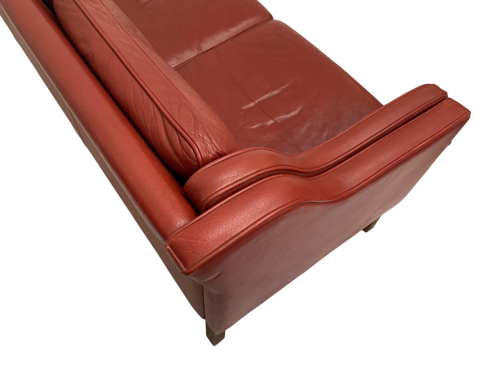 Mogens Hansen Red Leather 3 Seater Sofa, Danish, 1960s 4