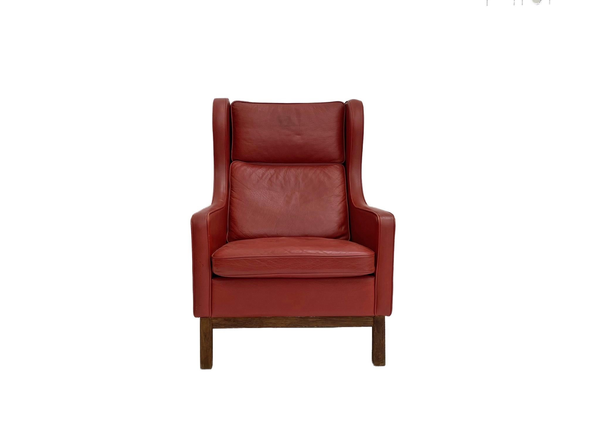 Mogens Hansen Red Leather & Oak Highback Armchair, Denmark, 1960s 5