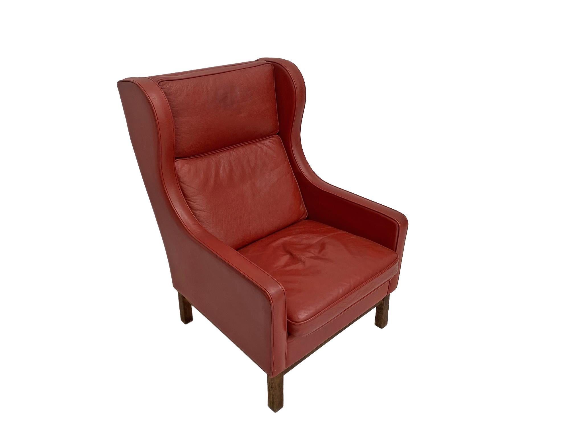 Mogens Hansen Red Leather & Oak Highback Armchair, Denmark, 1960s 6