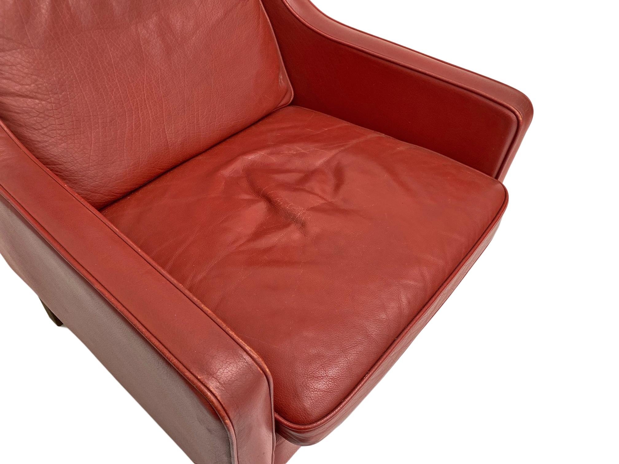 Mid-Century Modern Mogens Hansen Red Leather & Oak Highback Armchair, Denmark, 1960s