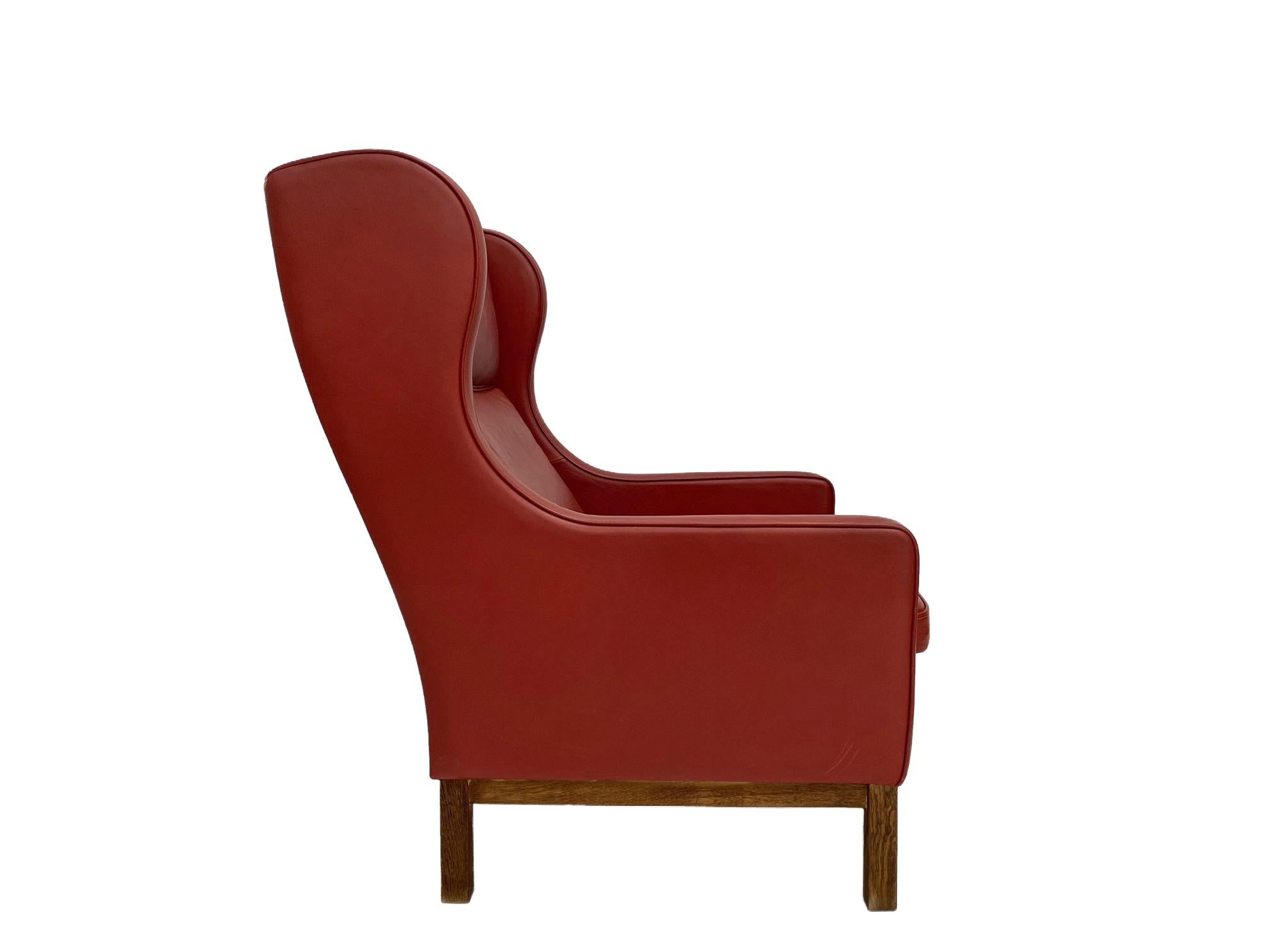 Danish Mogens Hansen Red Leather & Oak Highback Armchair, Denmark, 1960s