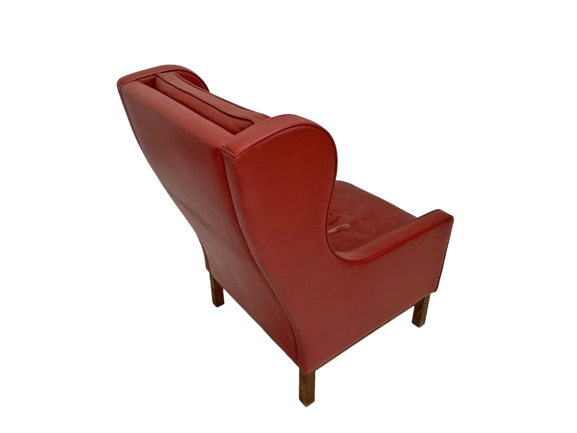 20th Century Mogens Hansen Red Leather & Oak Highback Armchair, Denmark, 1960s