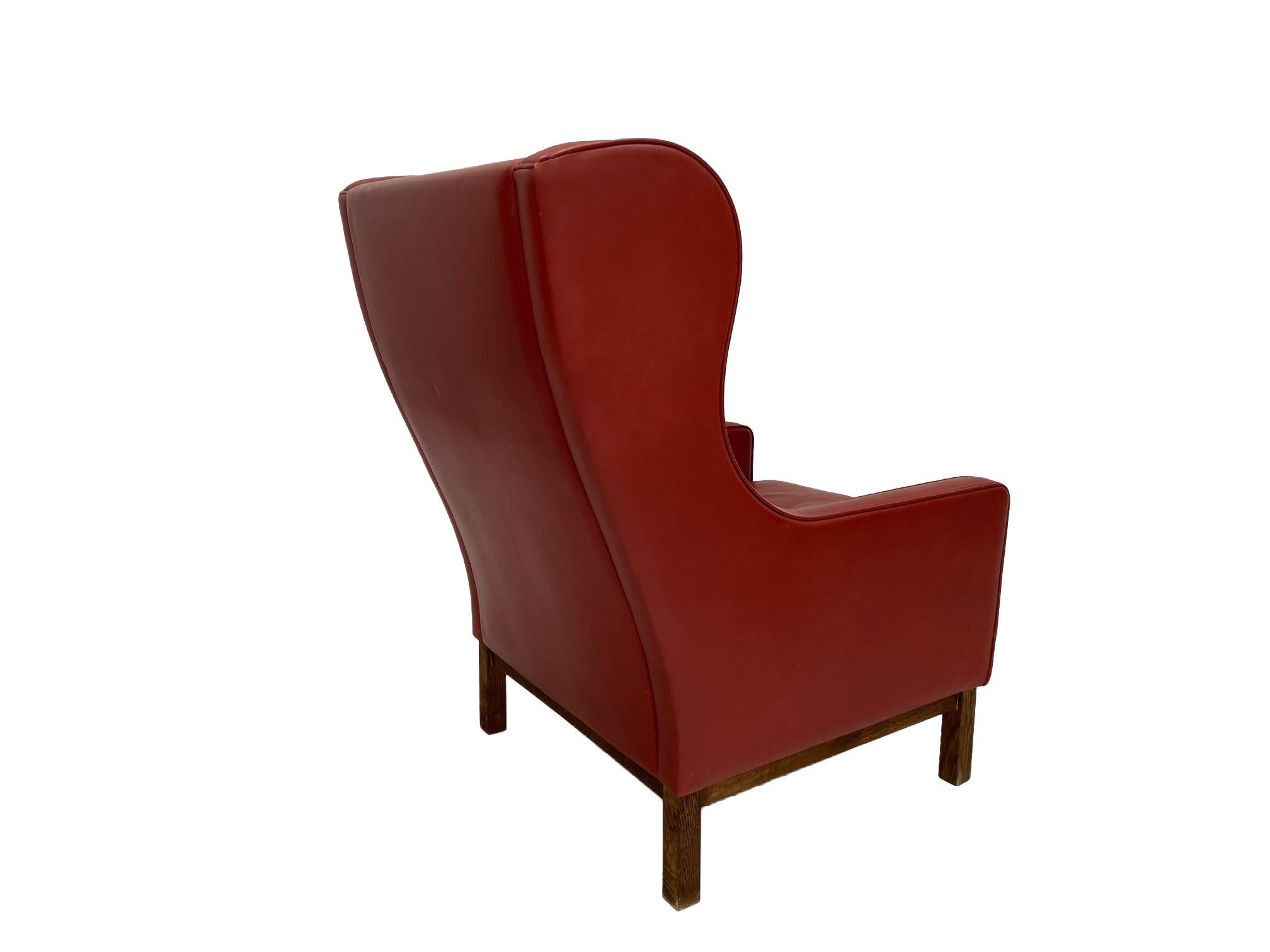 Mogens Hansen Red Leather & Oak Highback Armchair, Denmark, 1960s 1