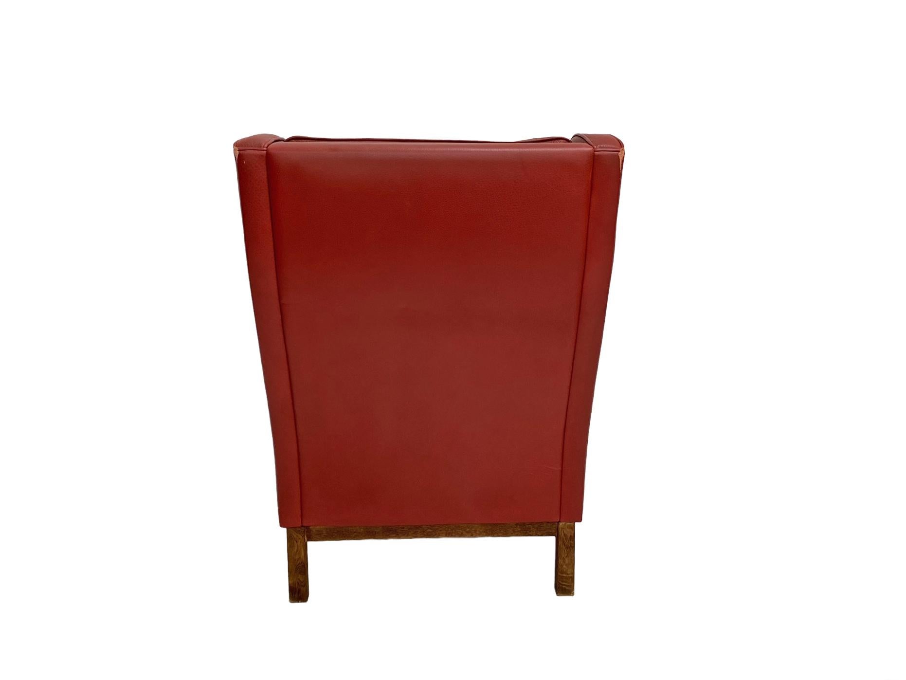 Mogens Hansen Red Leather & Oak Highback Armchair, Denmark, 1960s 3