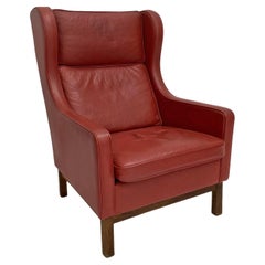 Vintage Mogens Hansen Red Leather & Oak Highback Armchair, Denmark, 1960s