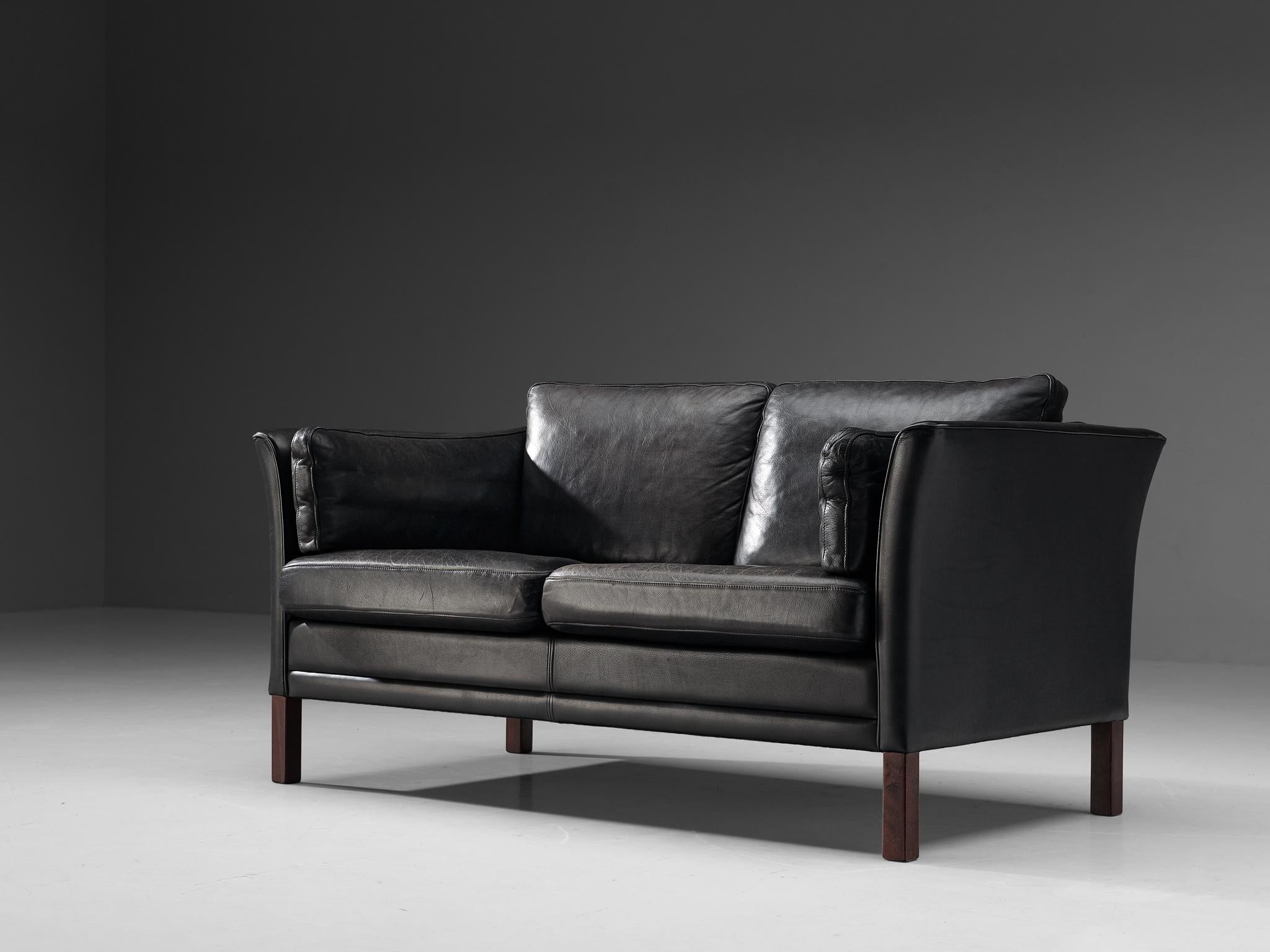 Scandinavian Modern Mogens Hansen Two-Seat Sofa in Black Leather