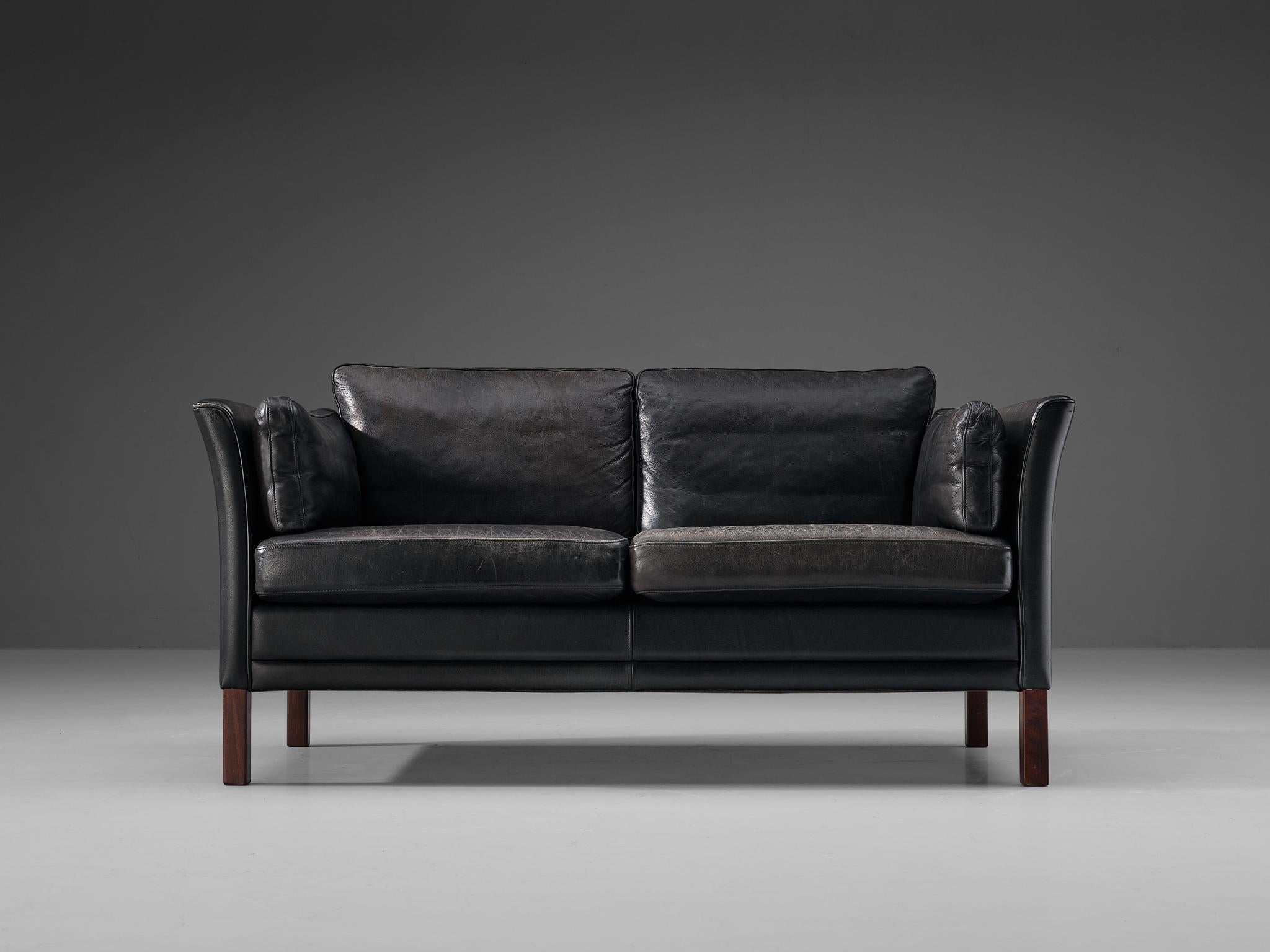 Scandinavian Modern Mogens Hansen Two-Seat Sofa in Black Leather  For Sale