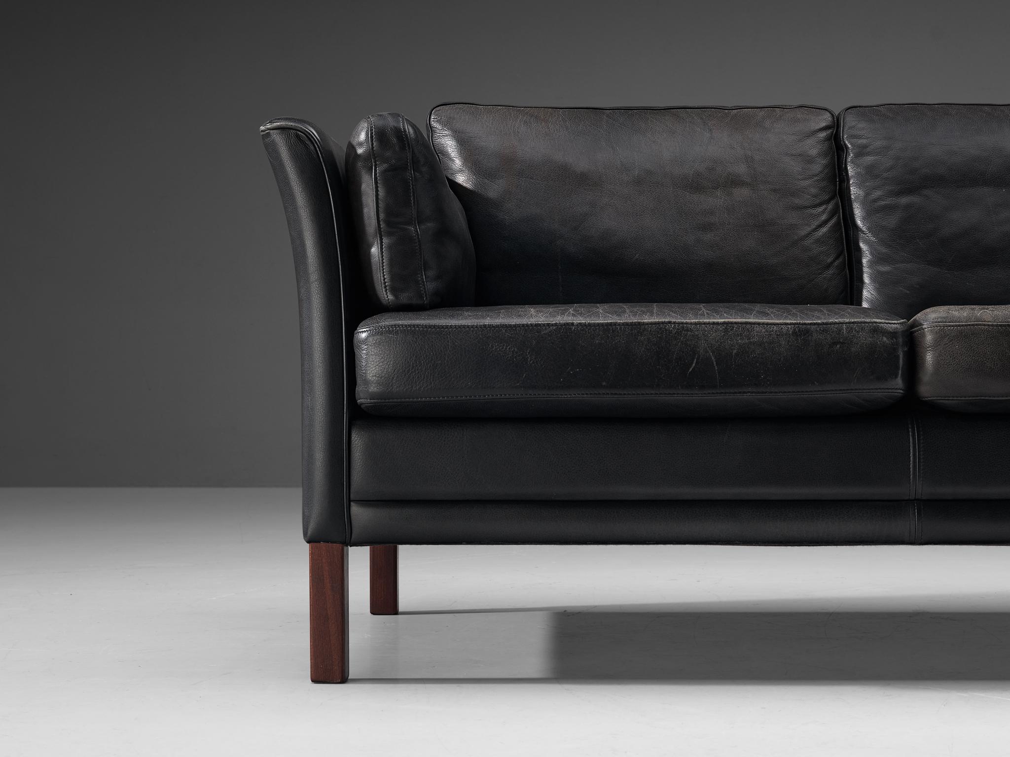 Danish Mogens Hansen Two-Seat Sofa in Black Leather