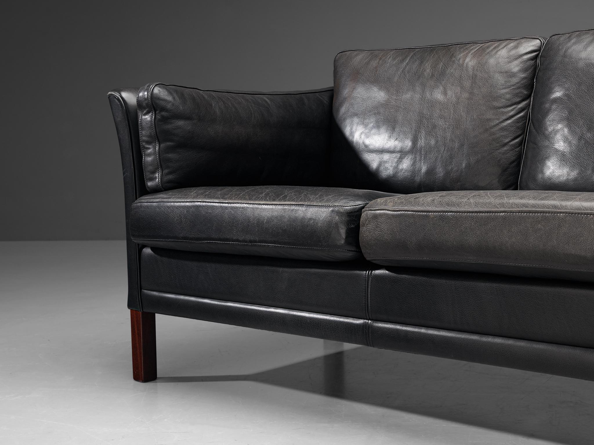 Danish Mogens Hansen Two-Seat Sofa in Black Leather  For Sale
