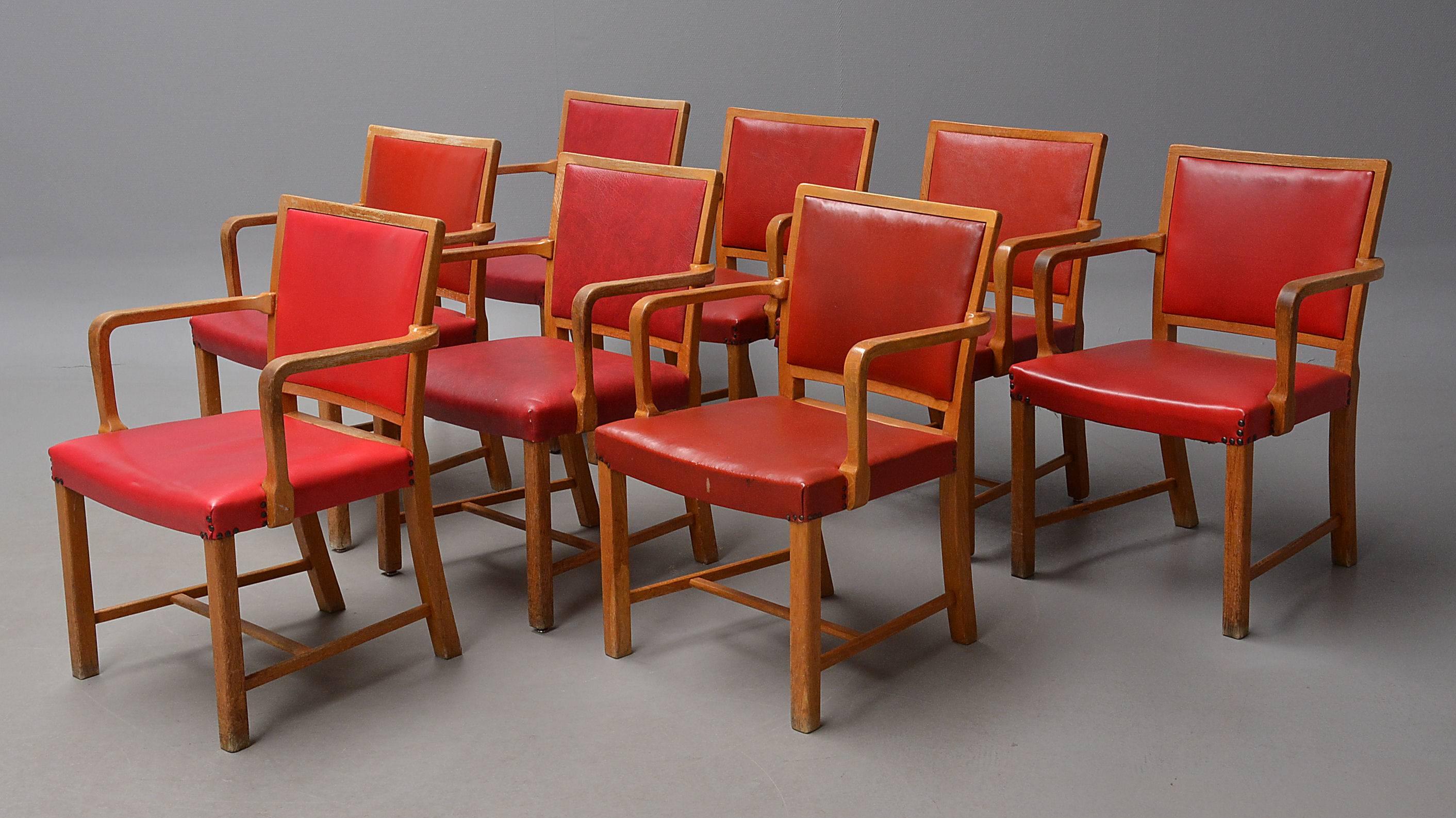 Patent Leather Mogens Koch Oak Armchairs for Sønderborg Hospital For Sale