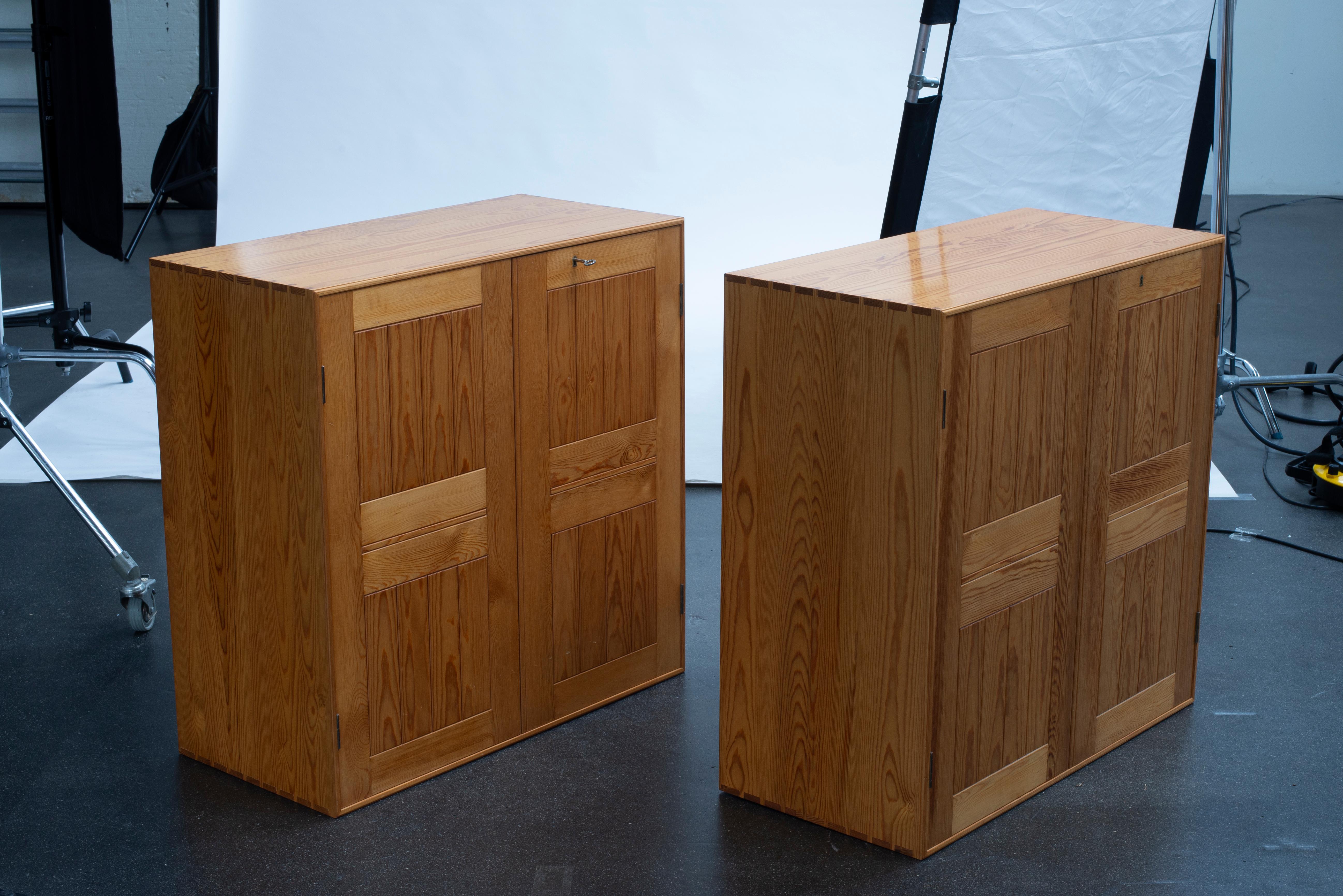 Mogens Koch Two Cabinets in Pine. Removable drawers and inlays. Executed by Rud. Rasmussen.

Reverse with paper labels ‘RUD. RASMUSSENS/SNEDKERIER/KØBENHAVN/DANMARK'.