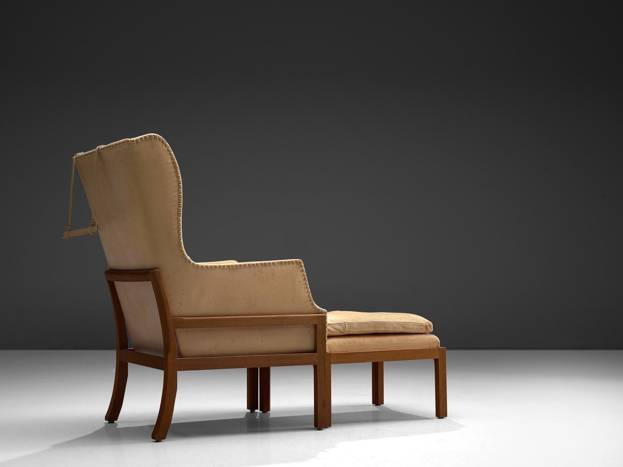 Danish Mogens Koch Wingback Chair and Ottoman in Cognac Leather