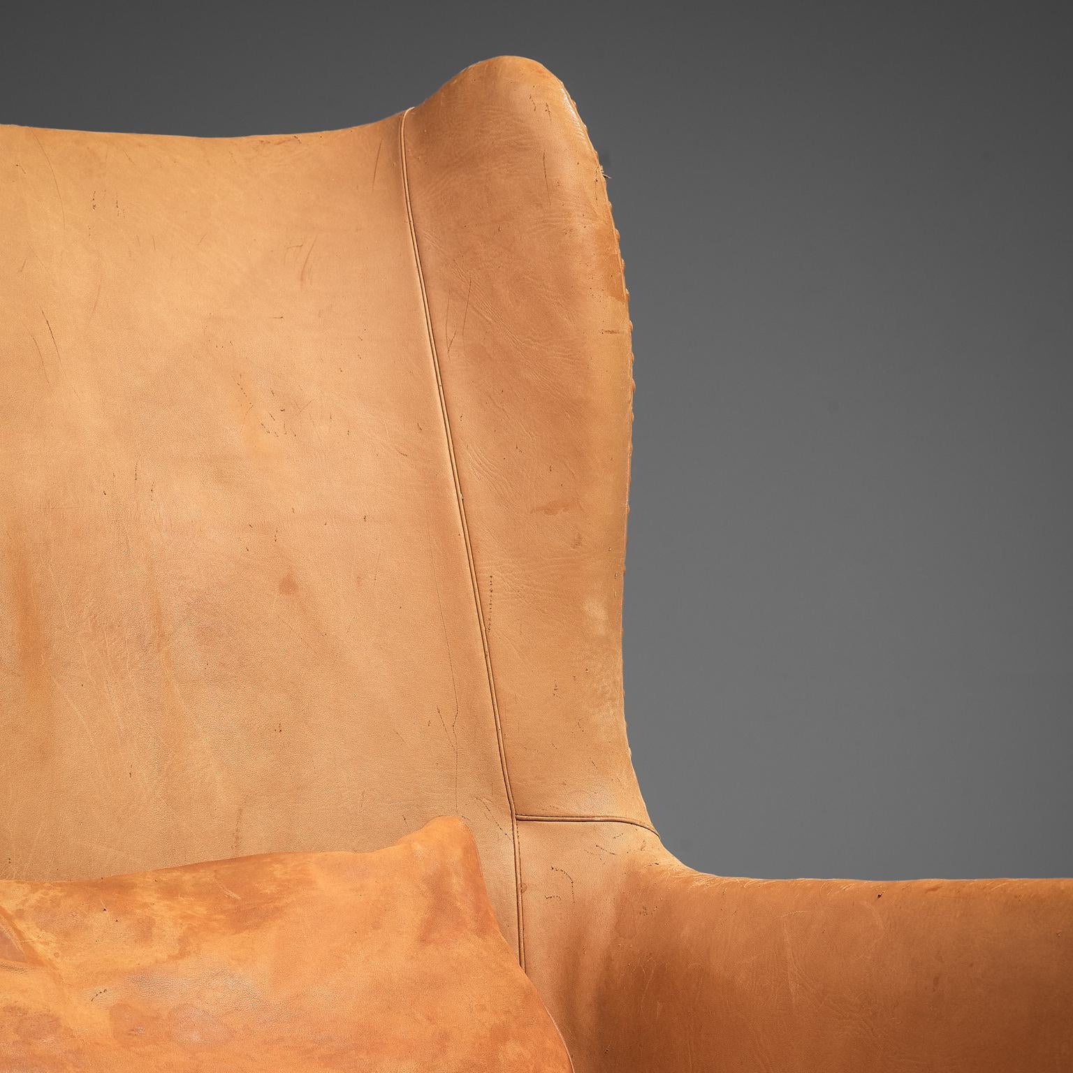 Mogens Koch Wingback Chair and Ottoman in Cognac Leather In Good Condition In Waalwijk, NL